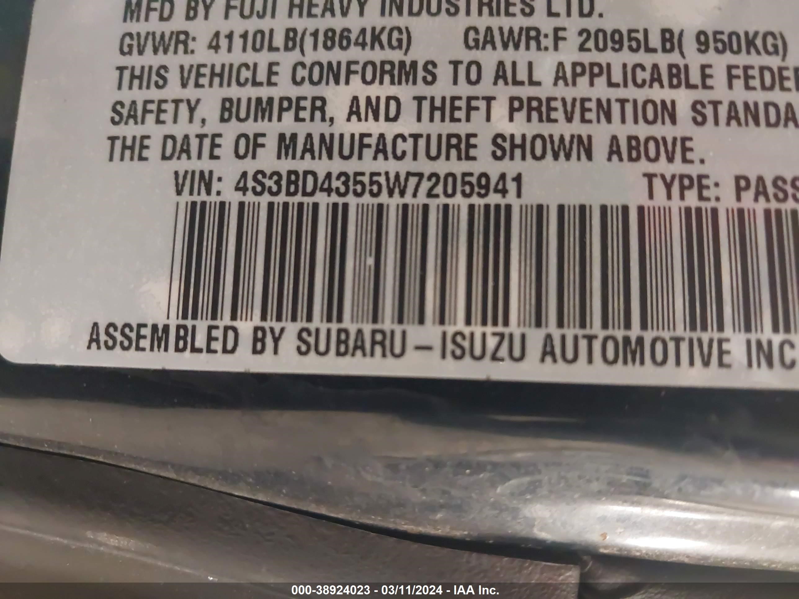 Photo 8 VIN: 4S3BD4355W7205941 - SUBARU LEGACY 