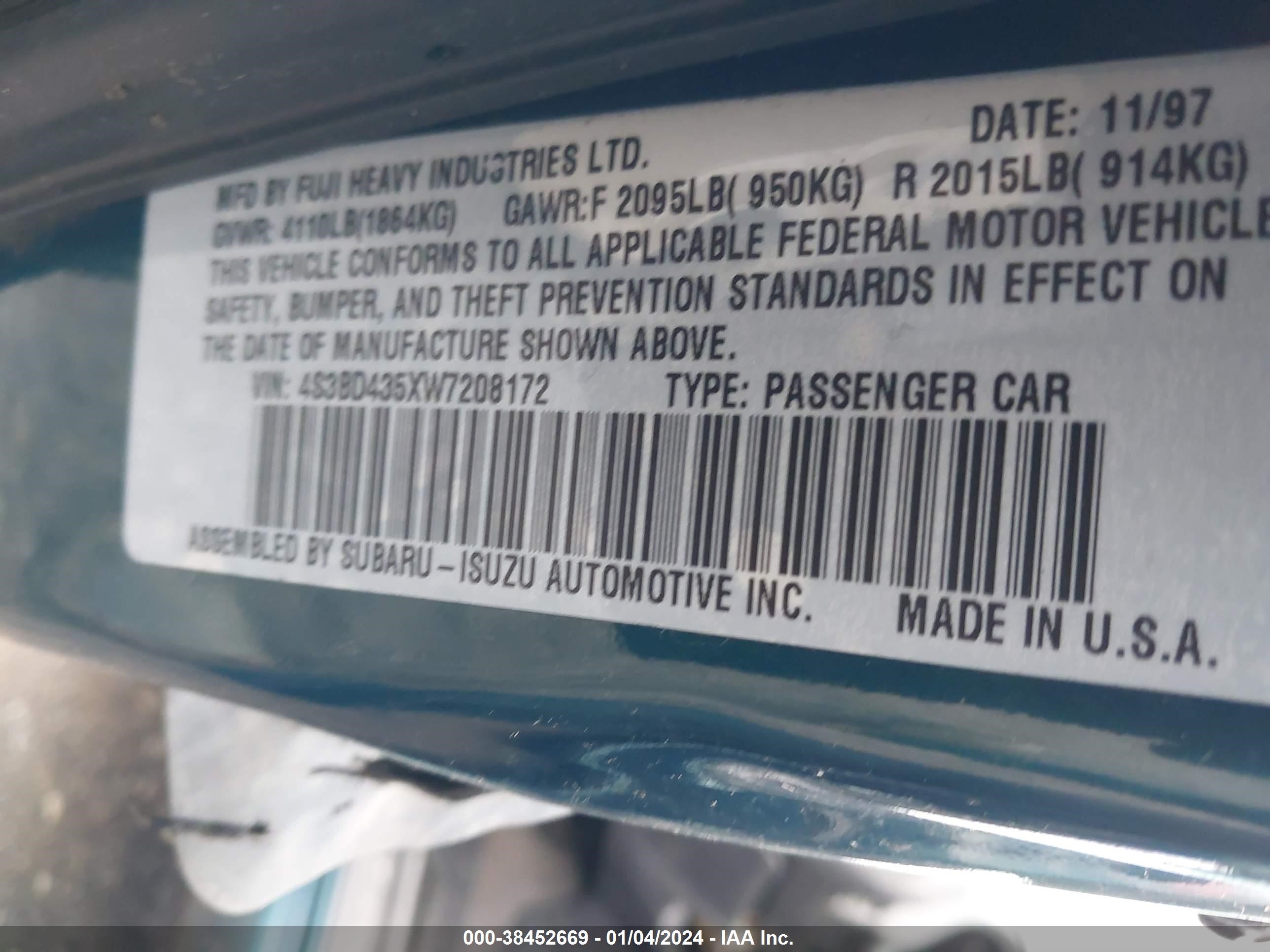 Photo 8 VIN: 4S3BD435XW7208172 - SUBARU LEGACY 