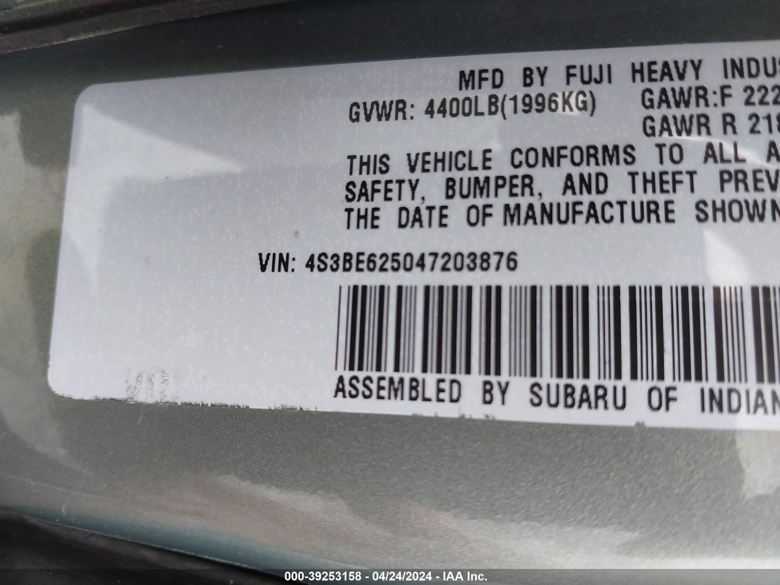 Photo 8 VIN: 4S3BE625047203876 - SUBARU LEGACY 