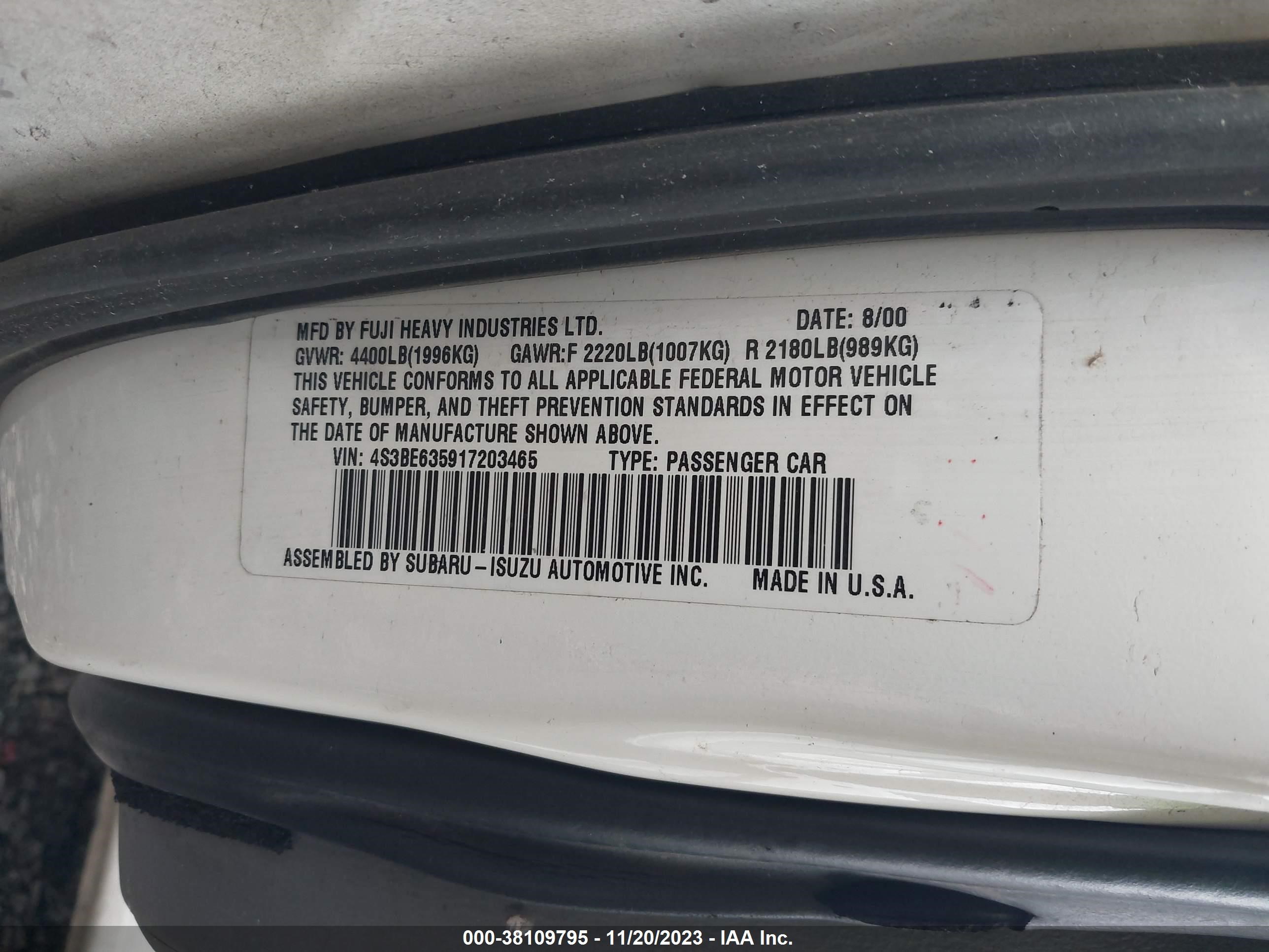 Photo 8 VIN: 4S3BE635917203465 - SUBARU LEGACY 