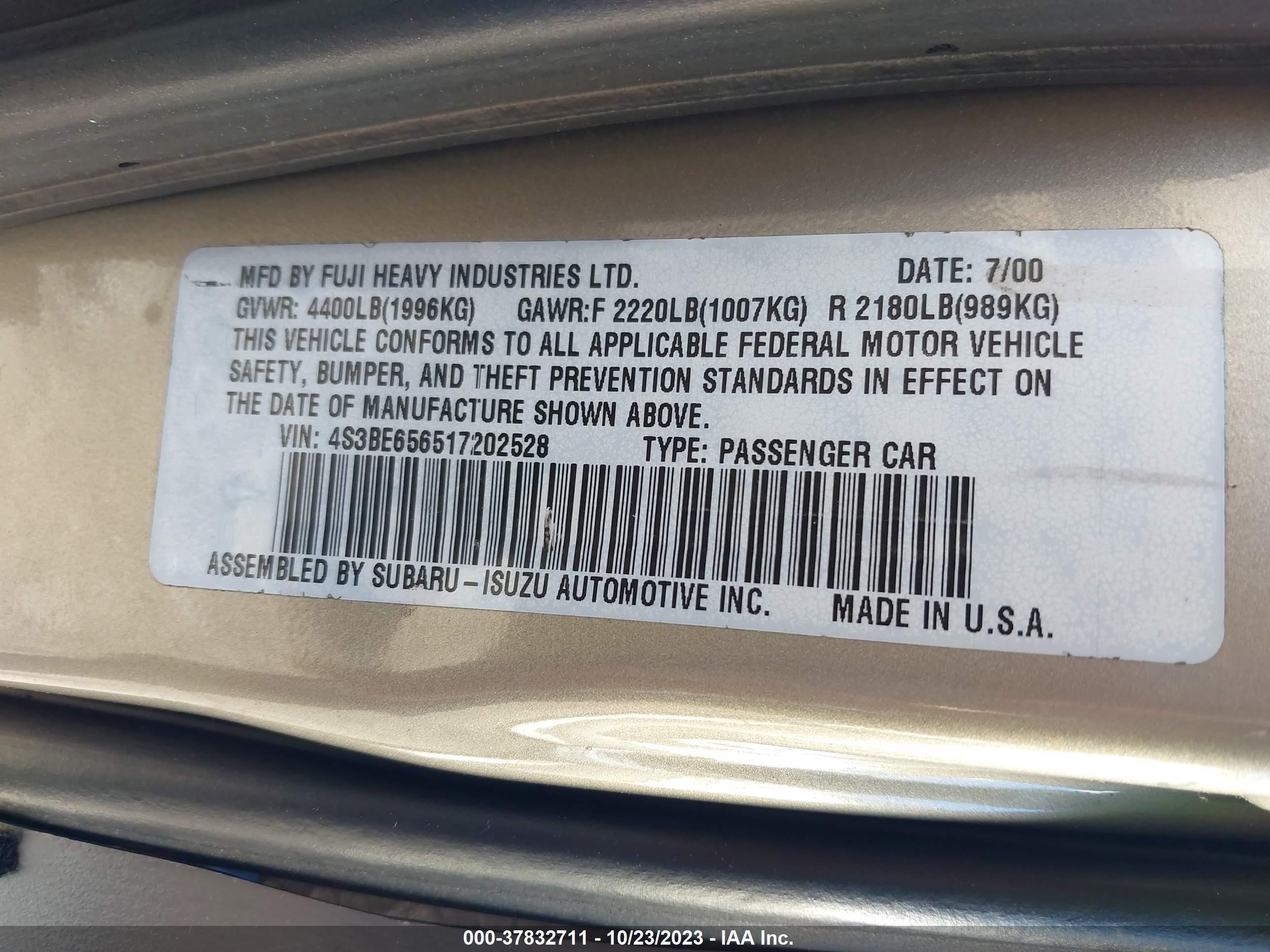 Photo 8 VIN: 4S3BE656517202528 - SUBARU LEGACY 