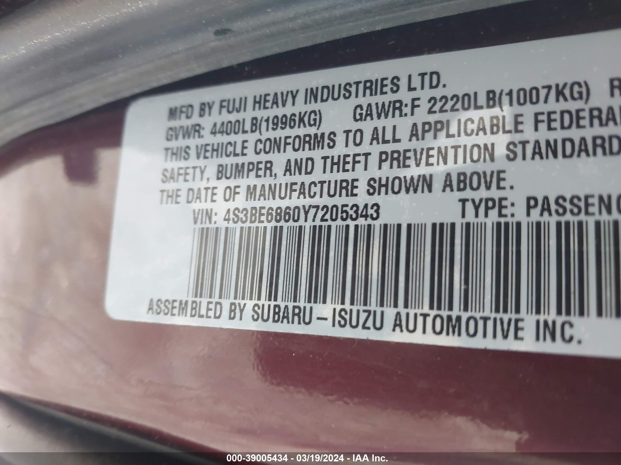 Photo 8 VIN: 4S3BE6860Y7205343 - SUBARU OUTBACK 