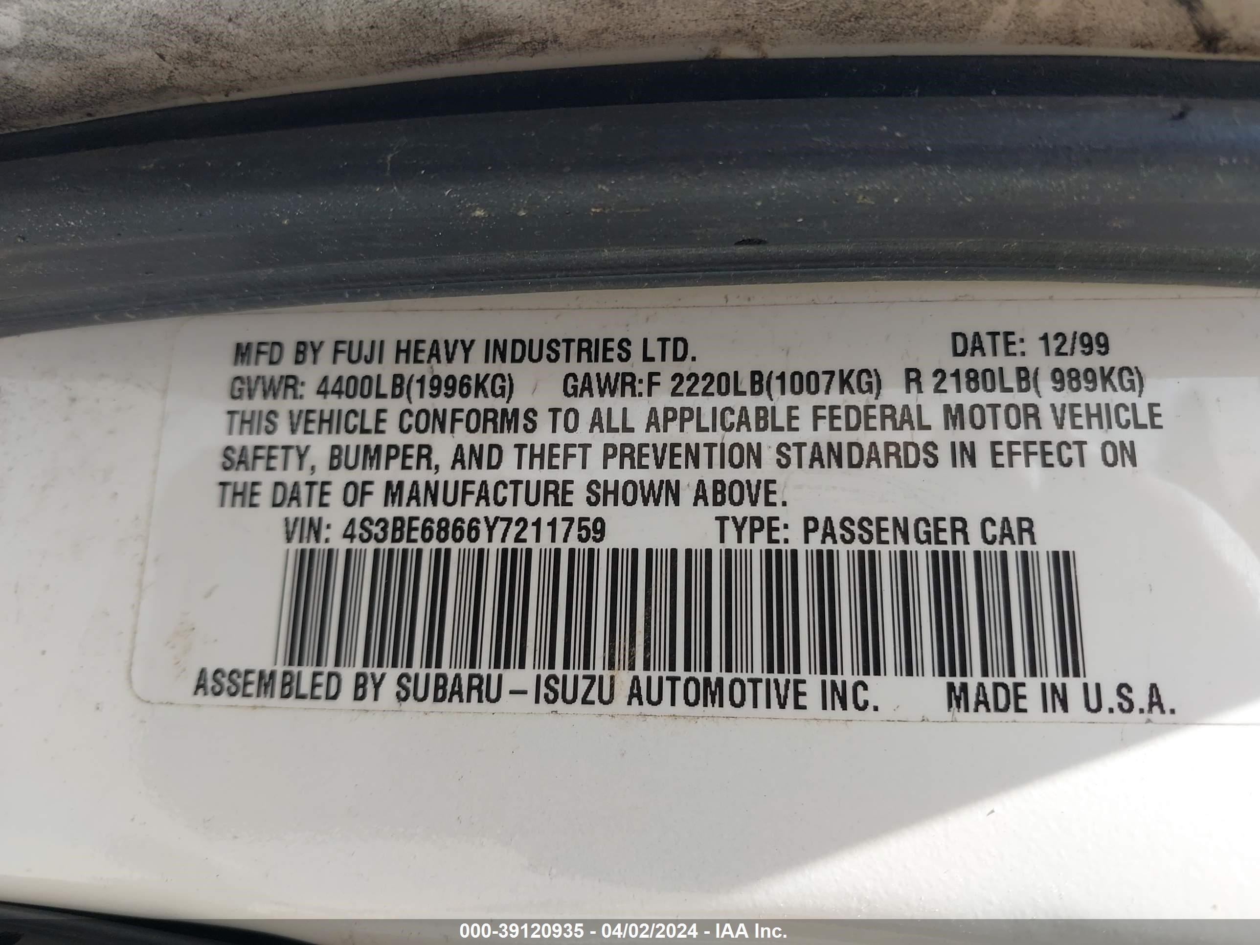 Photo 8 VIN: 4S3BE6866Y7211759 - SUBARU OUTBACK 