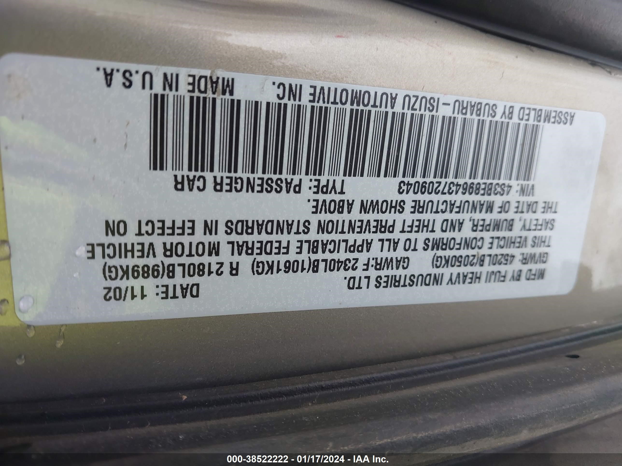 Photo 8 VIN: 4S3BE896437209043 - SUBARU LEGACY 