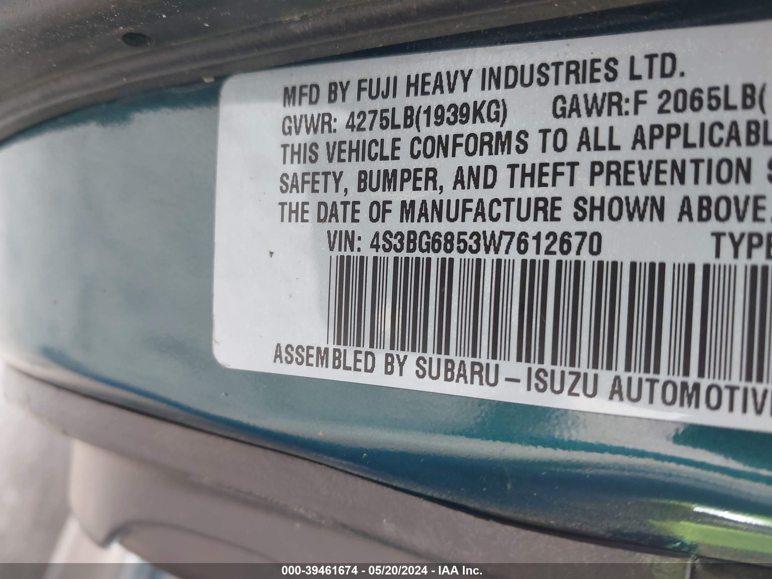 Photo 8 VIN: 4S3BG6853W7612670 - SUBARU LEGACY 