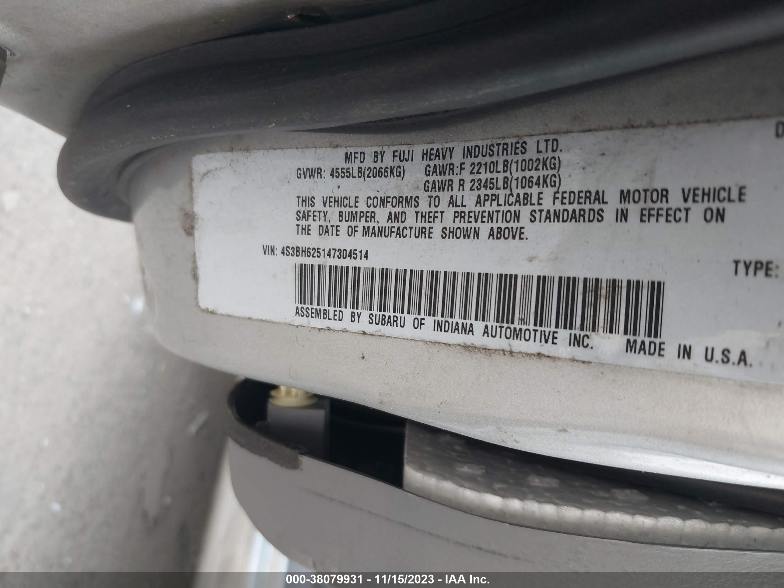 Photo 8 VIN: 4S3BH625147304514 - SUBARU LEGACY 