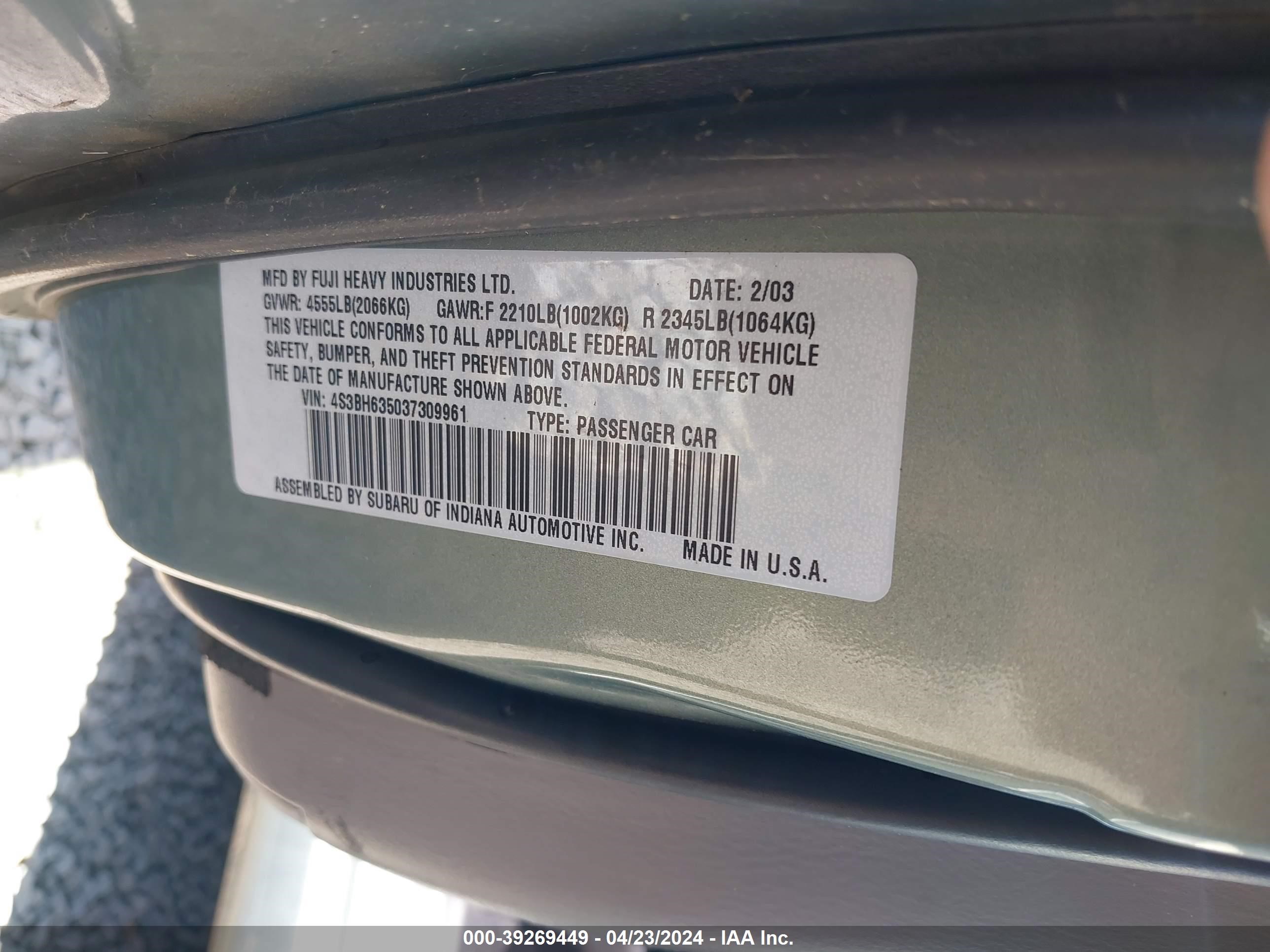 Photo 8 VIN: 4S3BH635037309961 - SUBARU LEGACY 