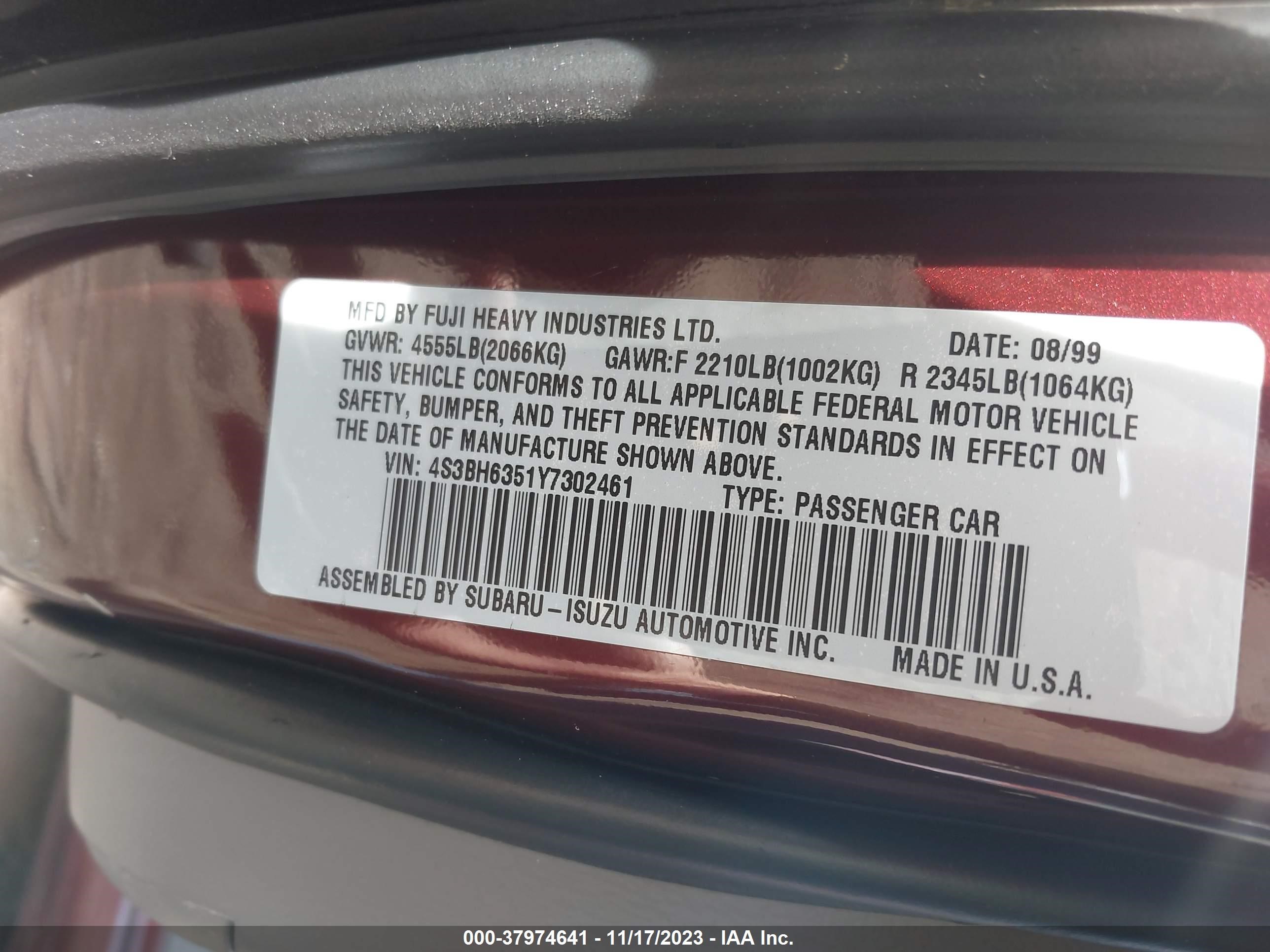 Photo 8 VIN: 4S3BH6351Y7302461 - SUBARU LEGACY 