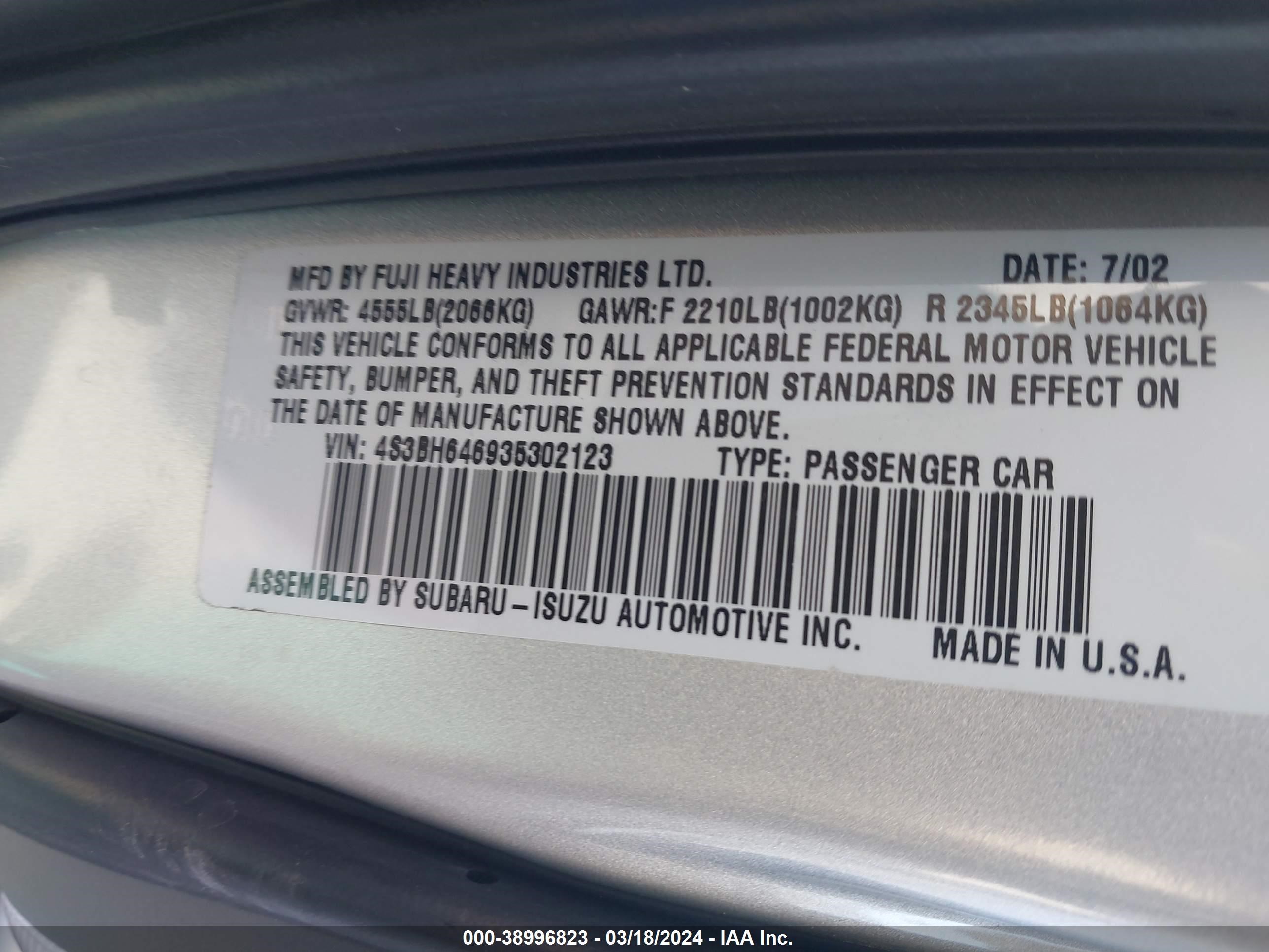 Photo 8 VIN: 4S3BH646935302123 - SUBARU LEGACY 