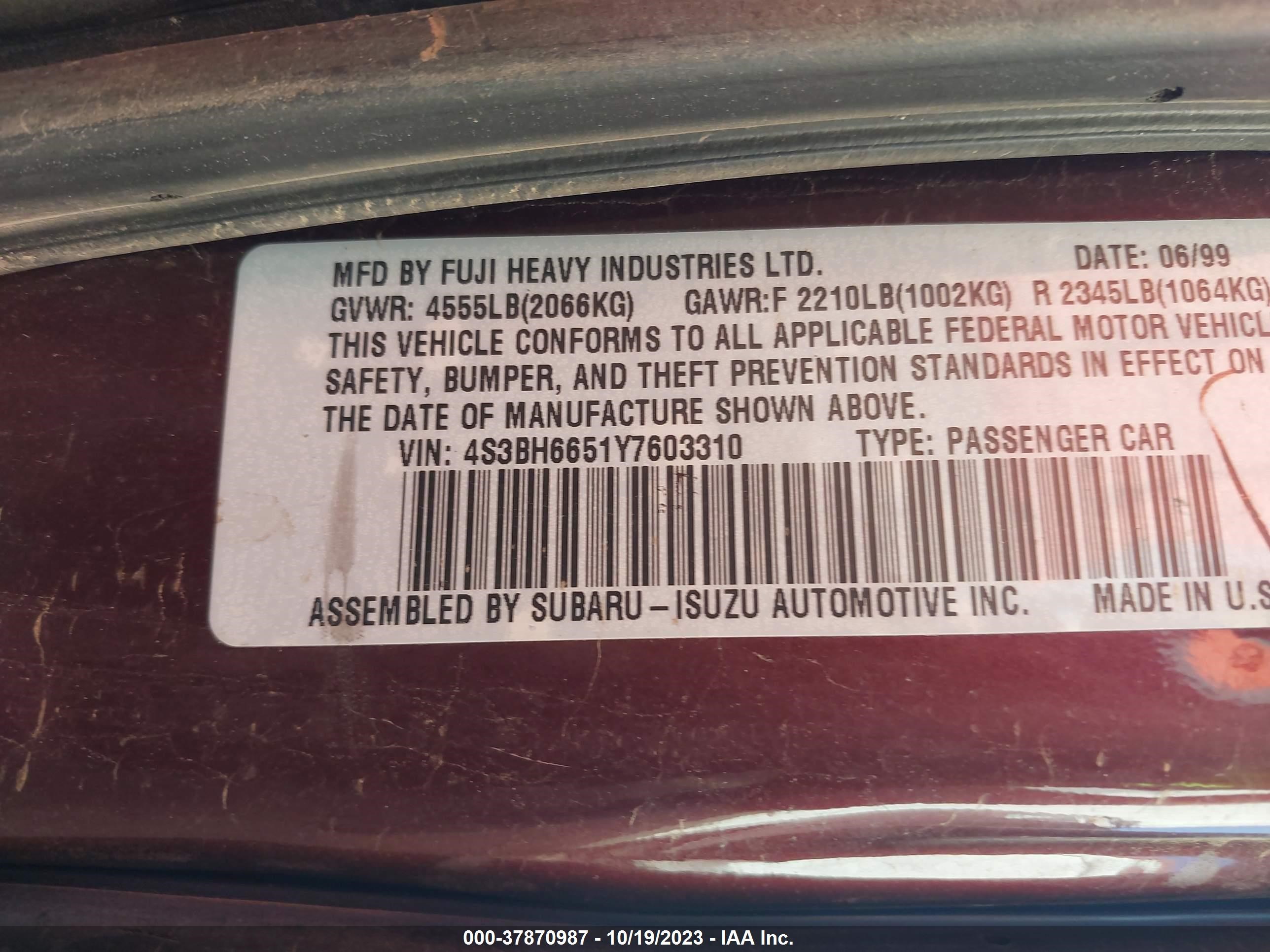 Photo 8 VIN: 4S3BH6651Y7603310 - SUBARU OUTBACK 