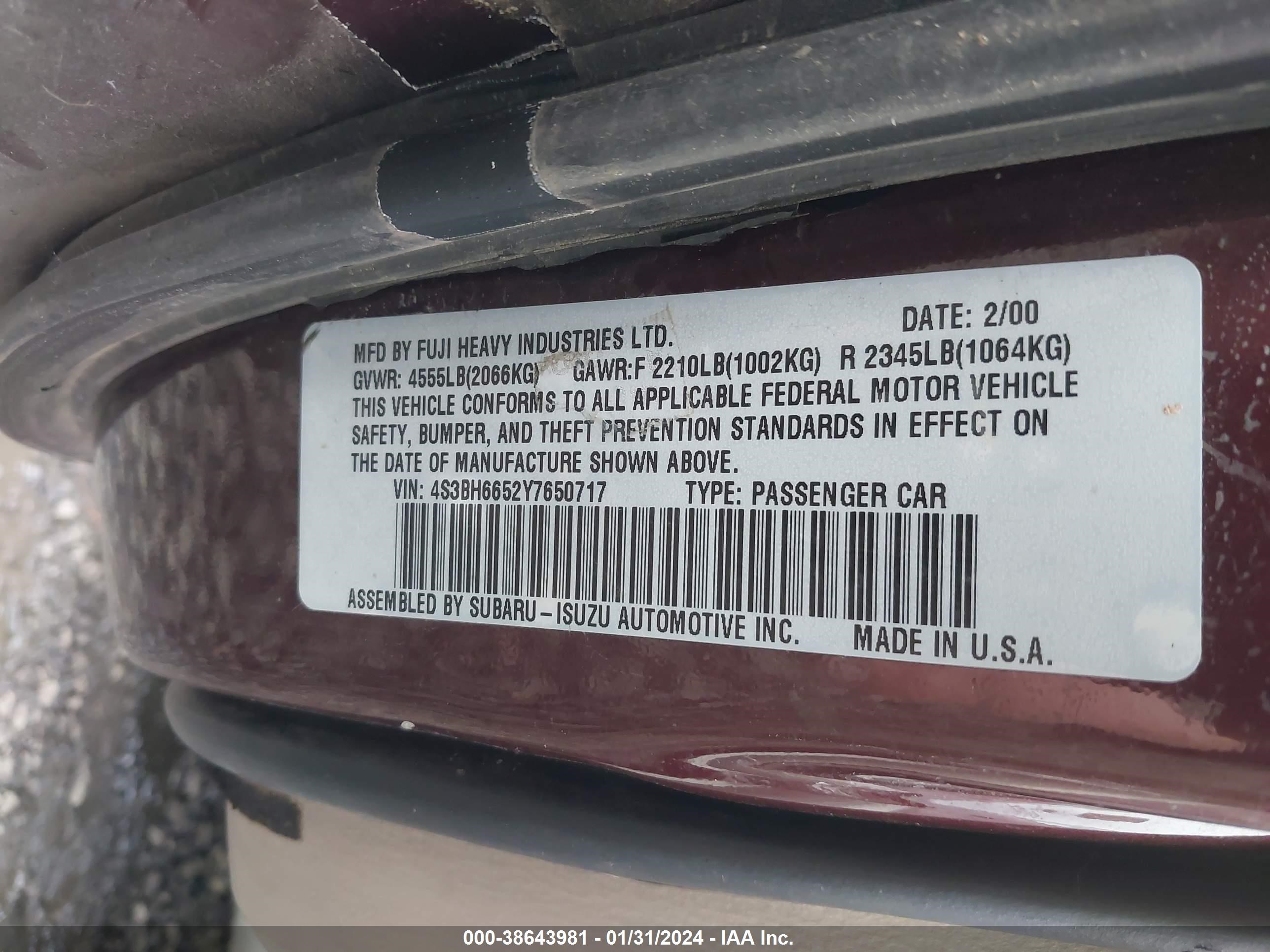 Photo 8 VIN: 4S3BH6652Y7650717 - SUBARU OUTBACK 