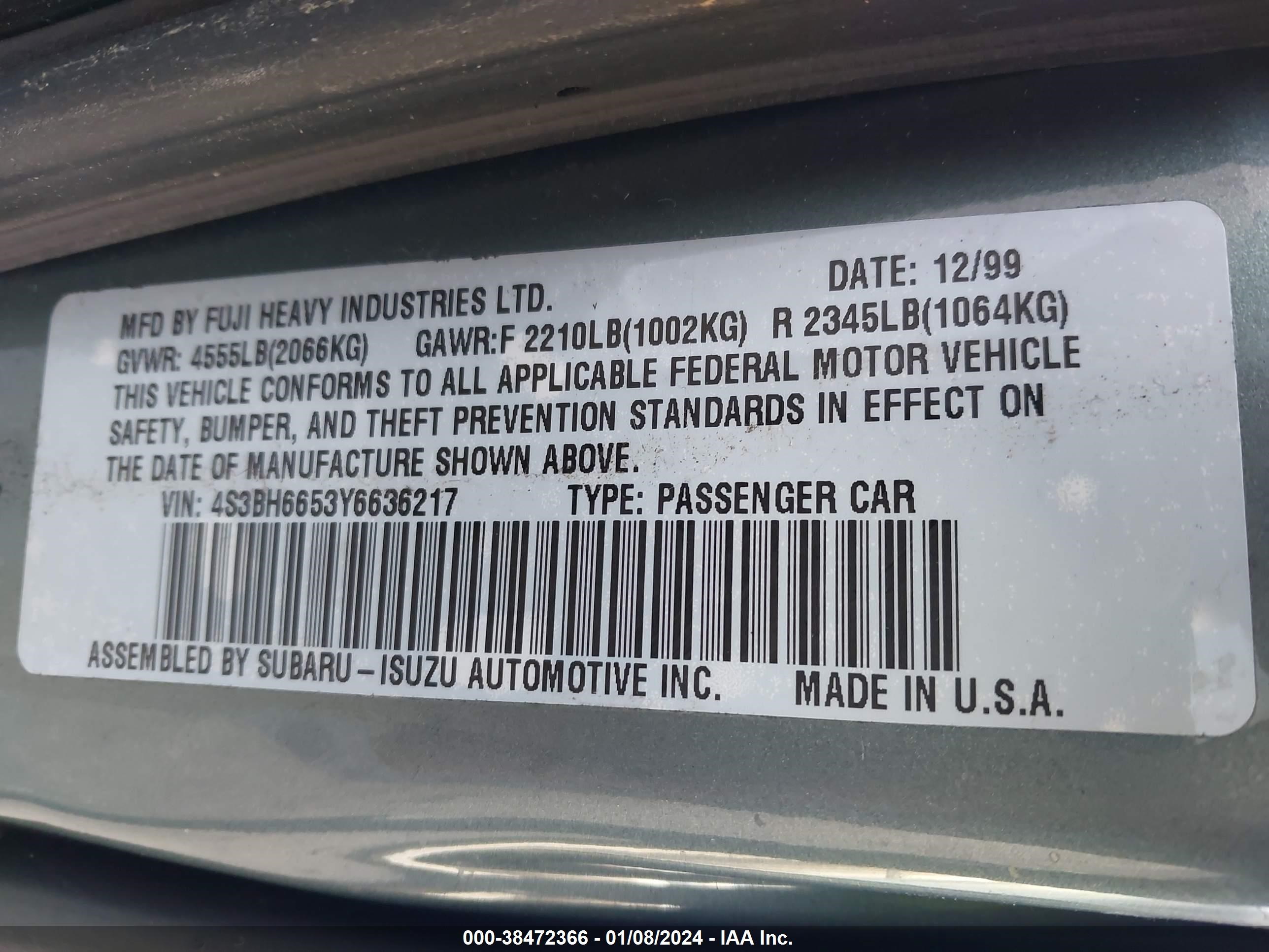 Photo 8 VIN: 4S3BH6653Y6636217 - SUBARU OUTBACK 