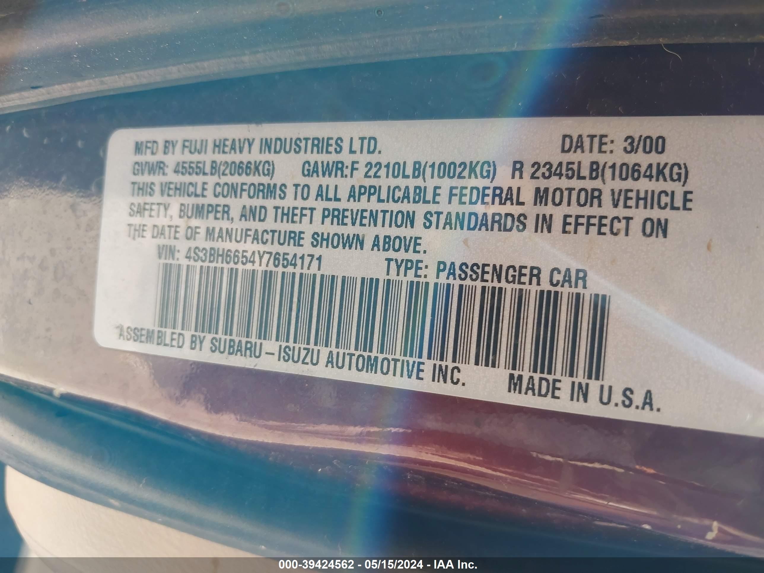 Photo 8 VIN: 4S3BH6654Y7654171 - SUBARU OUTBACK 