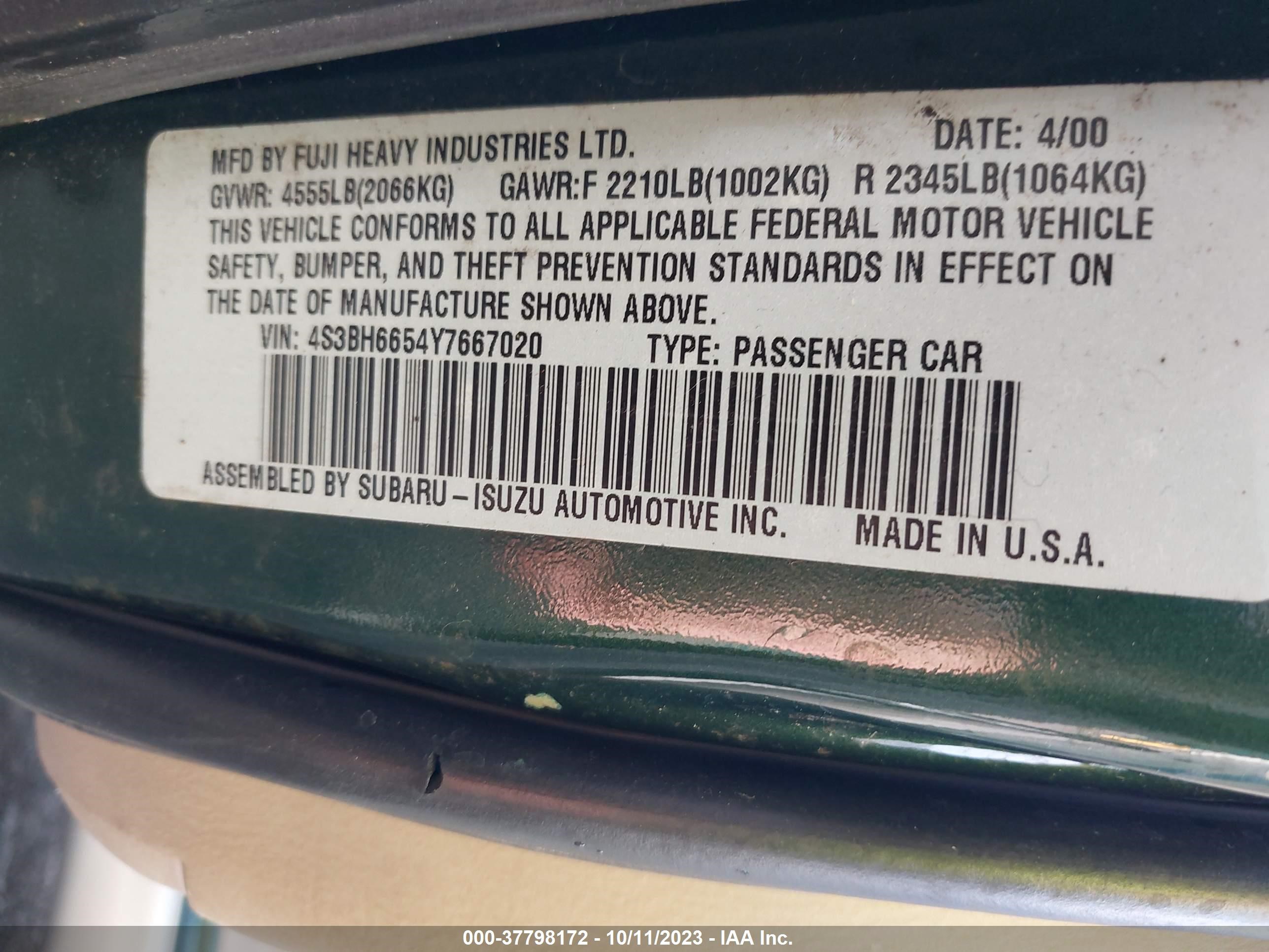 Photo 8 VIN: 4S3BH6654Y7667020 - SUBARU OUTBACK 