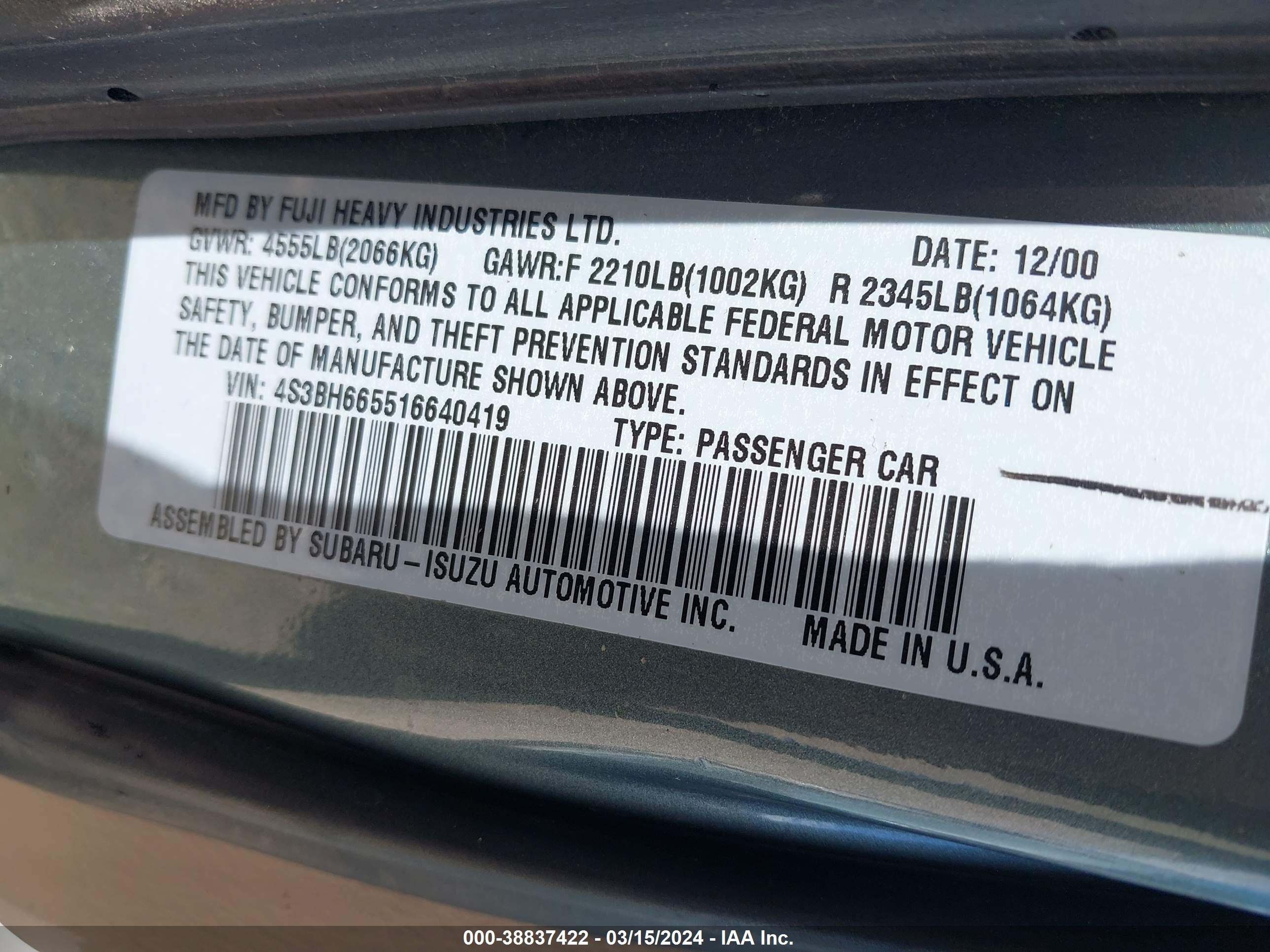 Photo 8 VIN: 4S3BH665516640419 - SUBARU OUTBACK 