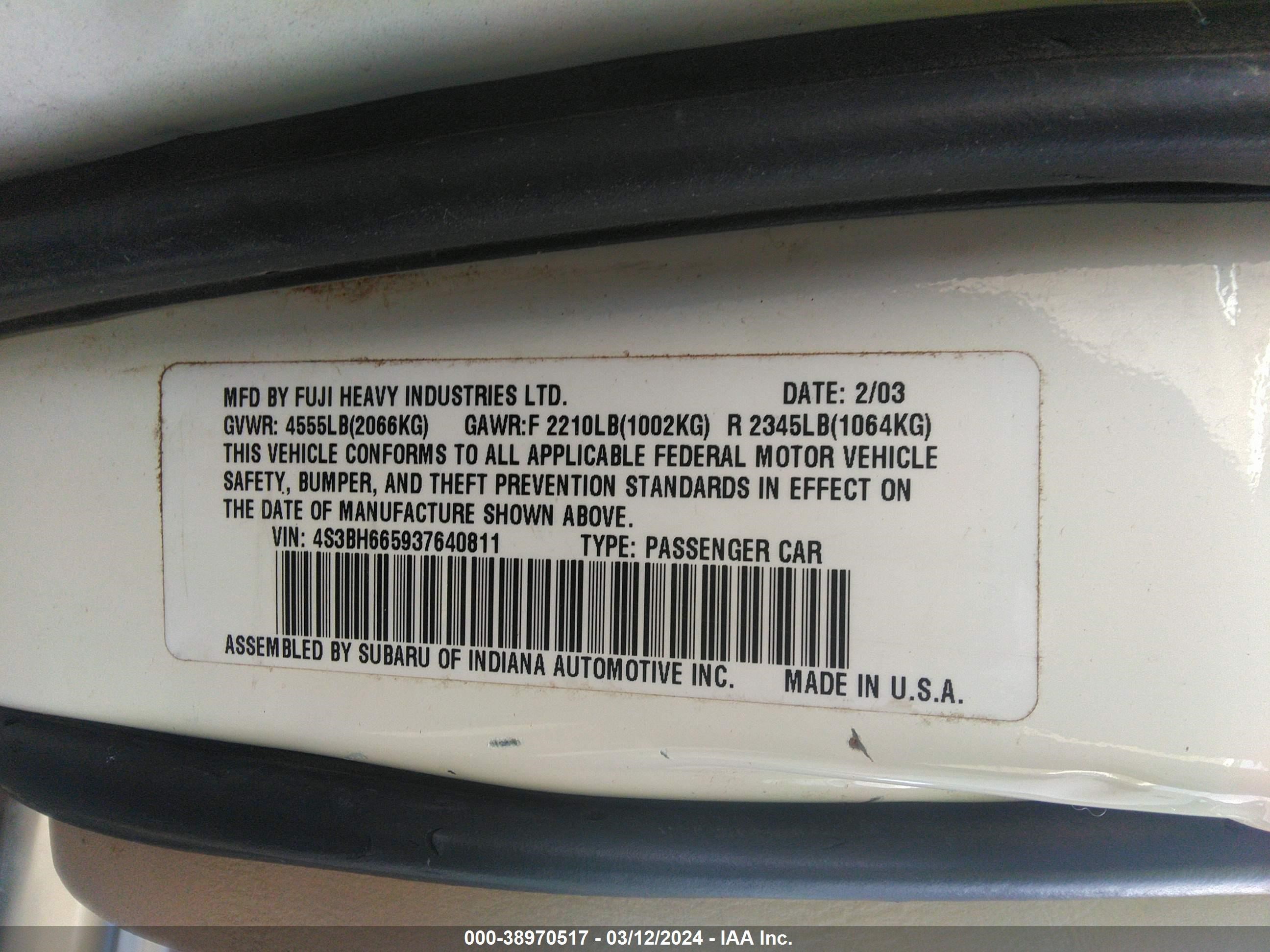 Photo 8 VIN: 4S3BH665937640811 - SUBARU OUTBACK 