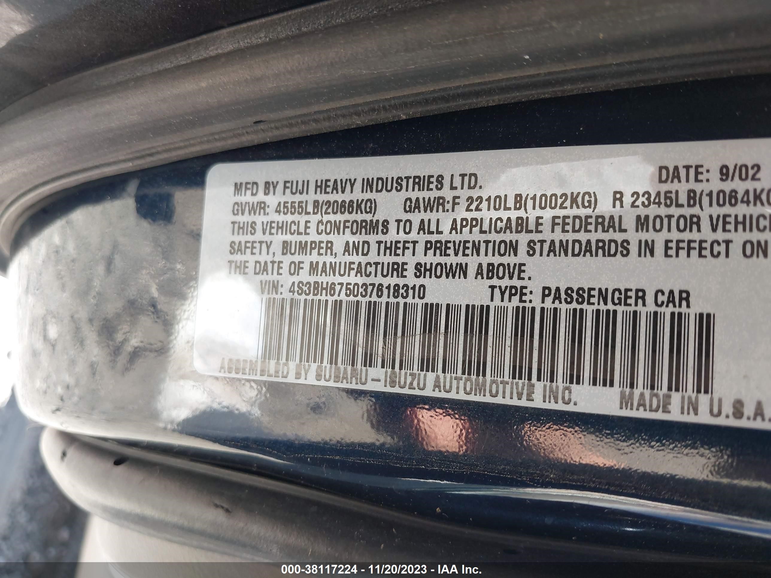 Photo 8 VIN: 4S3BH675037618310 - SUBARU LEGACY 