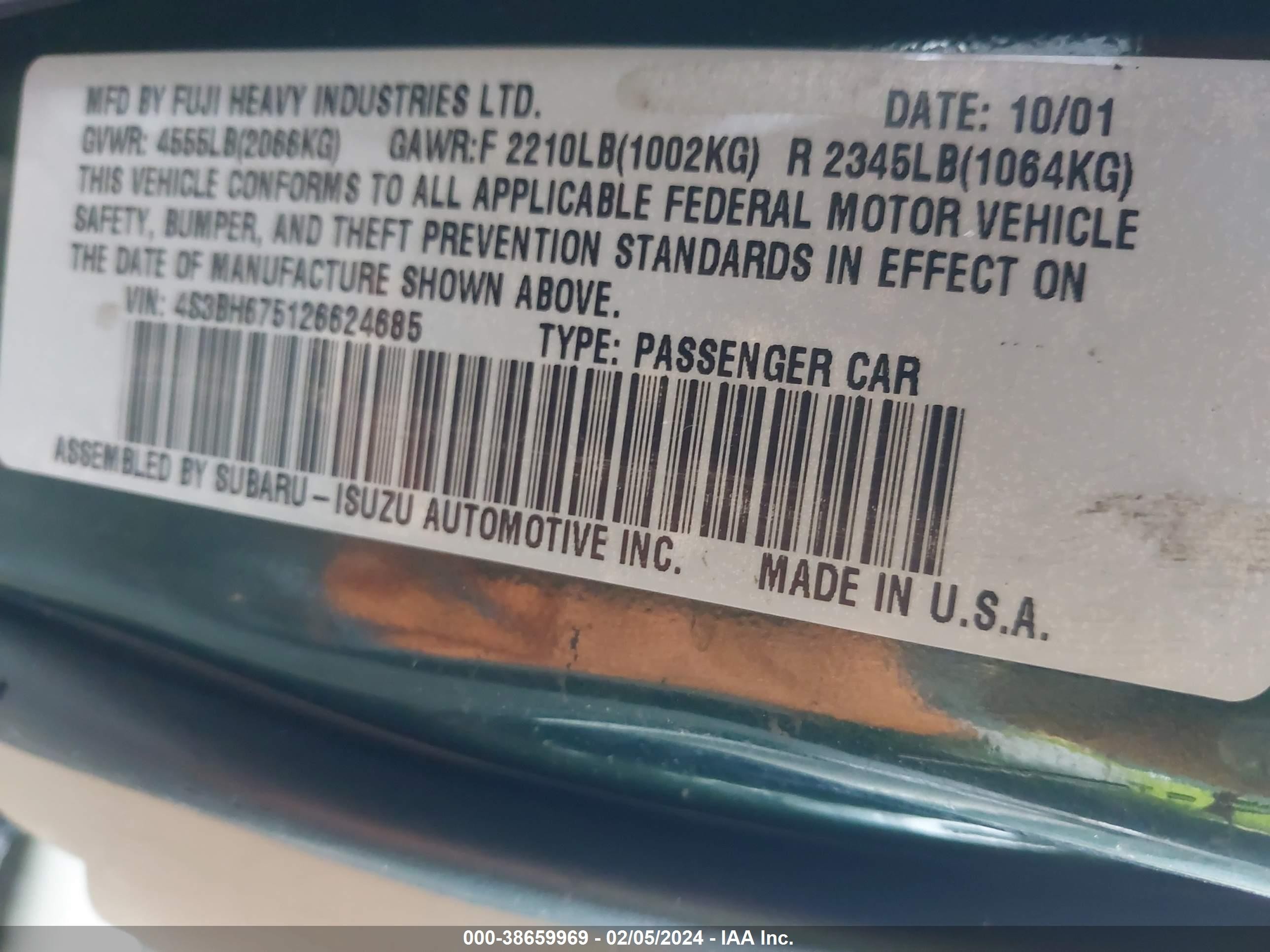 Photo 8 VIN: 4S3BH675126624685 - SUBARU LEGACY 