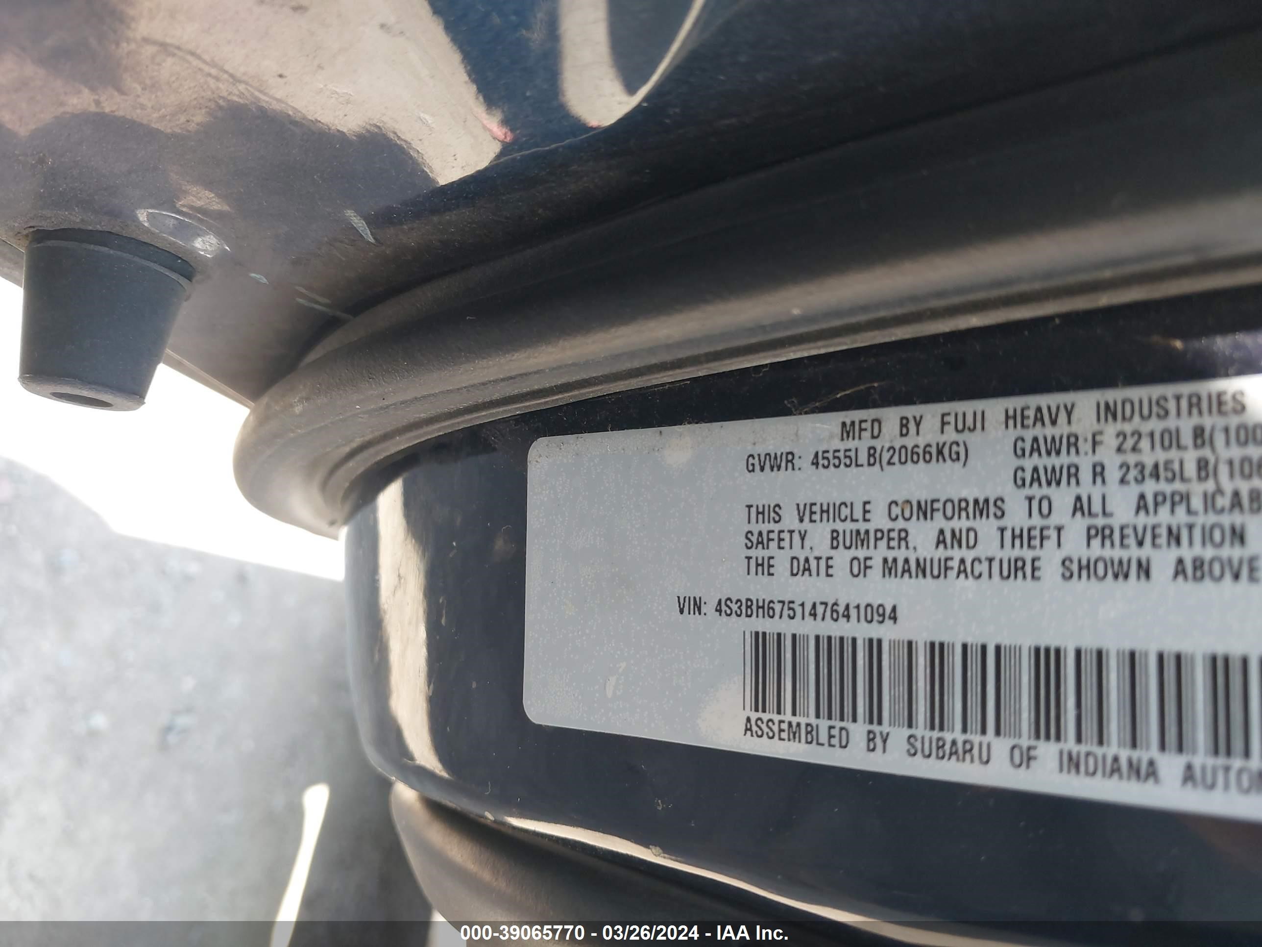 Photo 8 VIN: 4S3BH675147641094 - SUBARU OUTBACK 