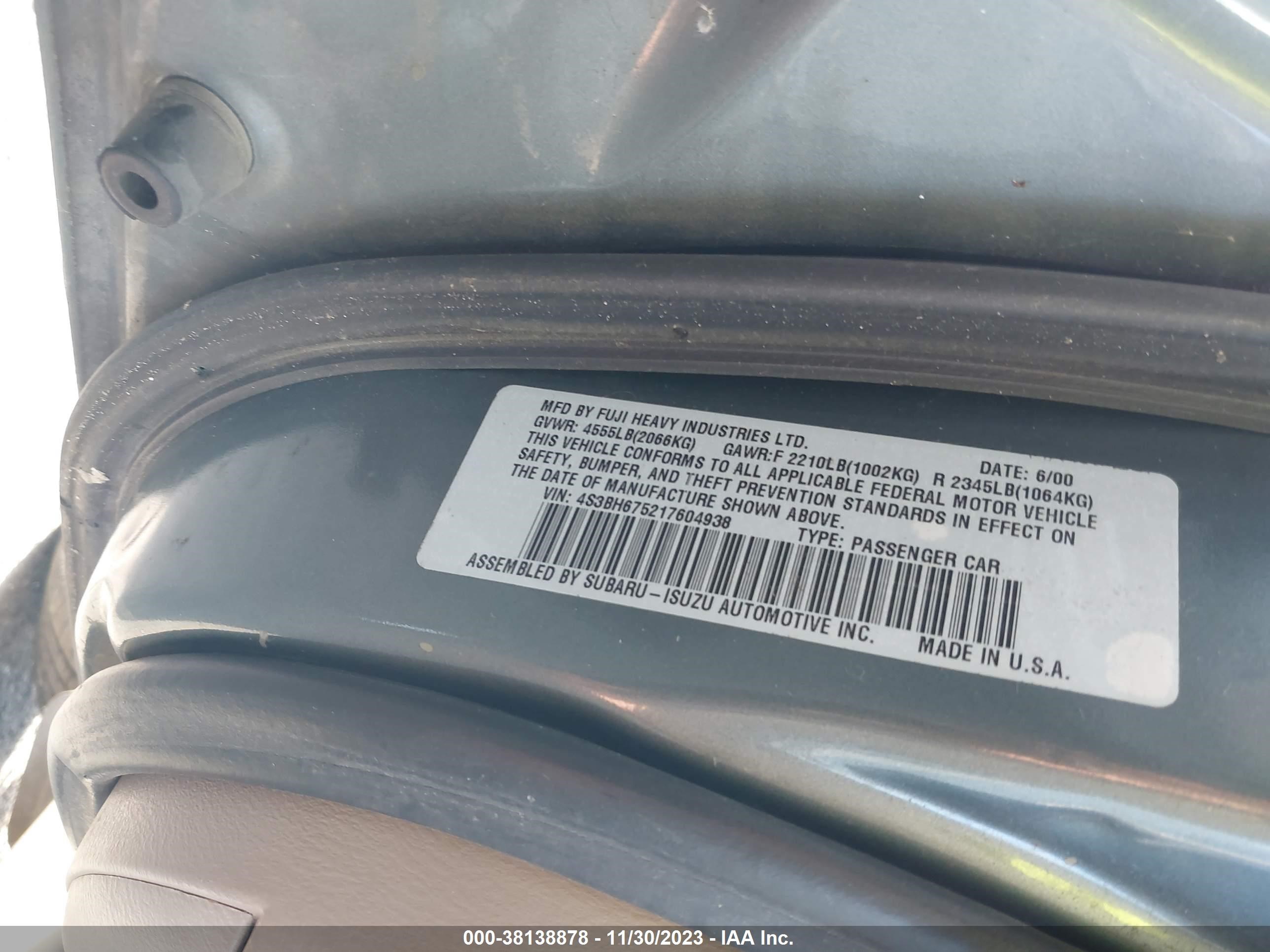 Photo 8 VIN: 4S3BH675217604938 - SUBARU LEGACY 