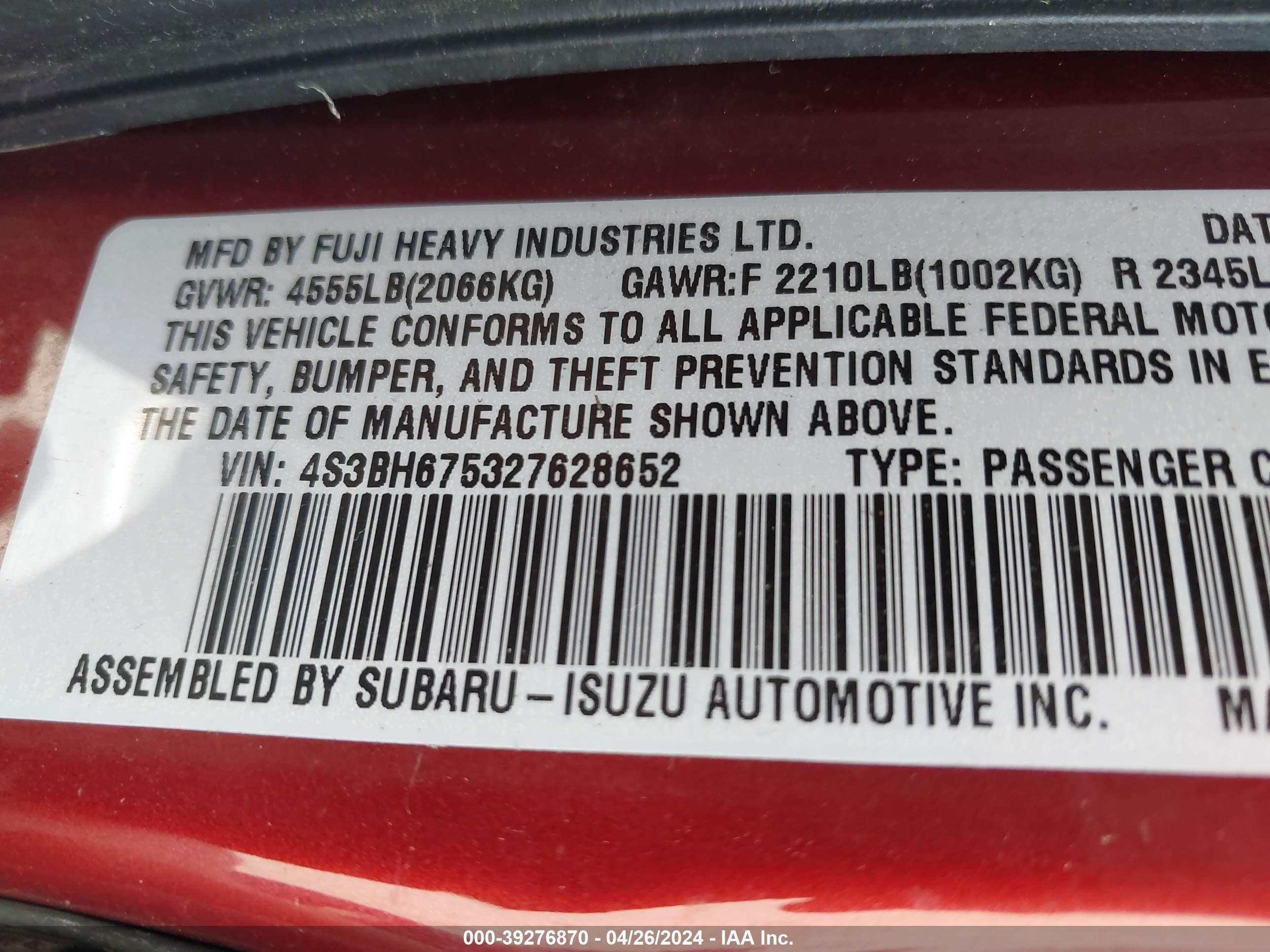 Photo 8 VIN: 4S3BH675327628652 - SUBARU OUTBACK 