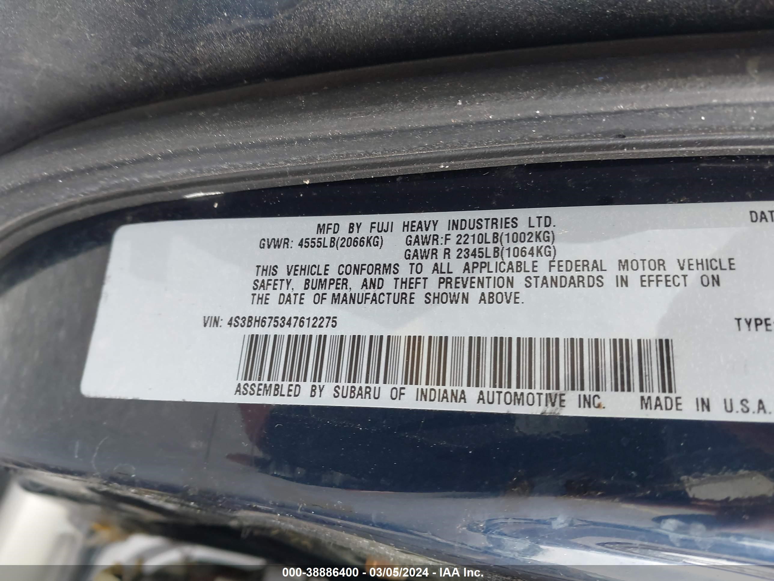 Photo 8 VIN: 4S3BH675347612275 - SUBARU OUTBACK 