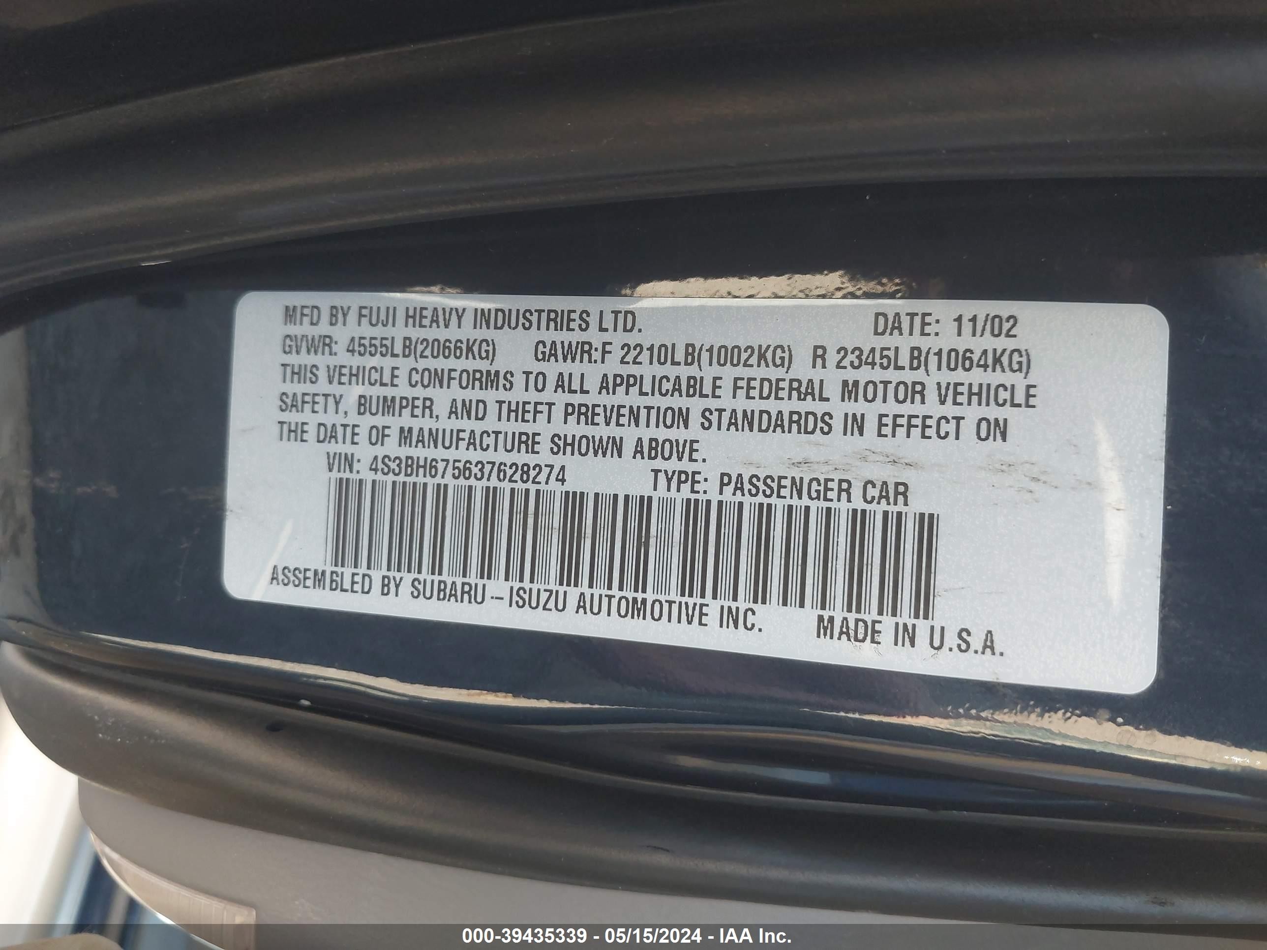 Photo 8 VIN: 4S3BH675637628274 - SUBARU OUTBACK 