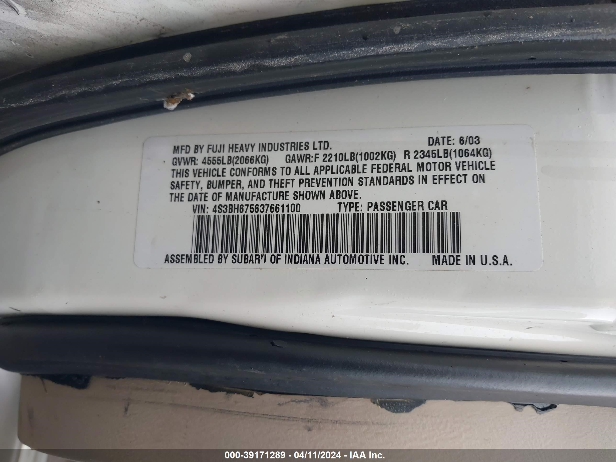 Photo 8 VIN: 4S3BH675637661100 - SUBARU OUTBACK 