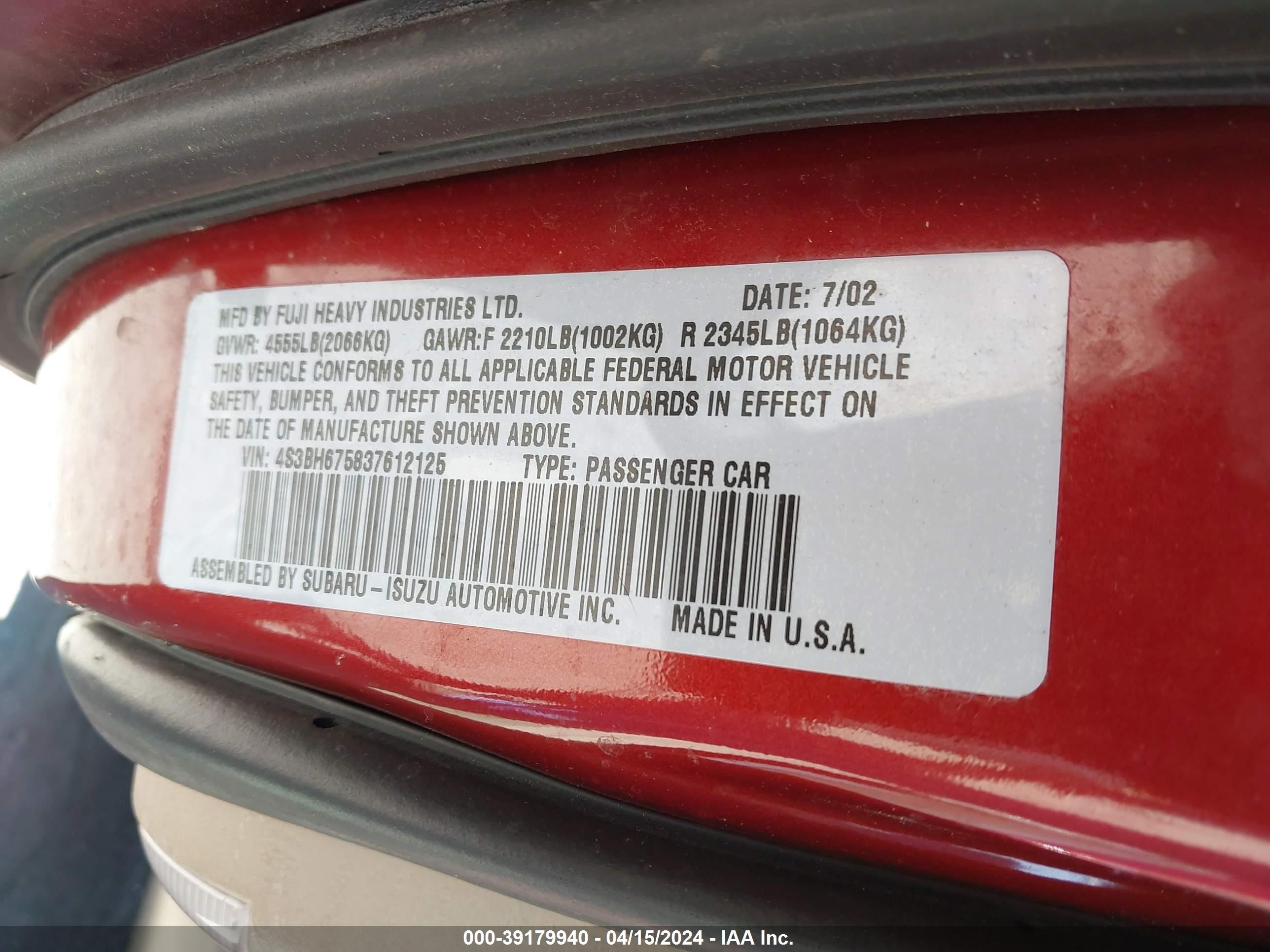 Photo 8 VIN: 4S3BH675837612125 - SUBARU OUTBACK 