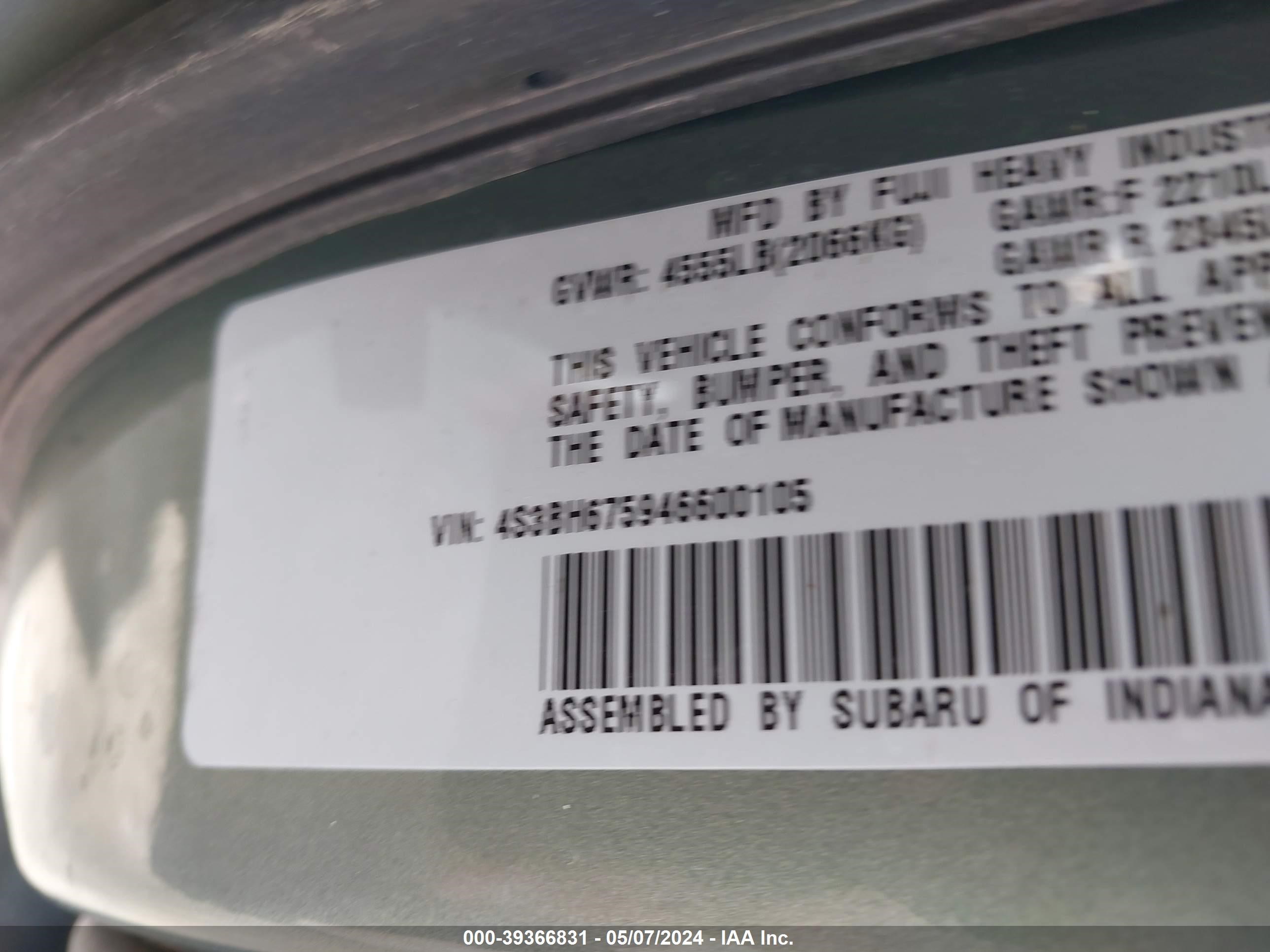 Photo 8 VIN: 4S3BH675946600105 - SUBARU OUTBACK 