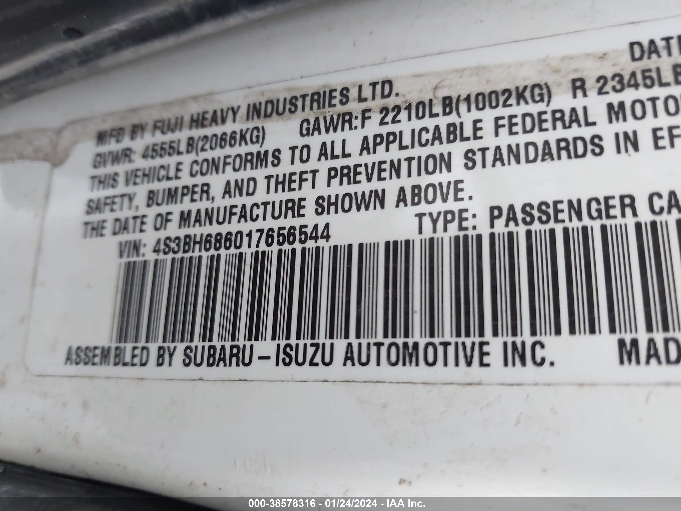 Photo 8 VIN: 4S3BH686017656544 - SUBARU LEGACY 