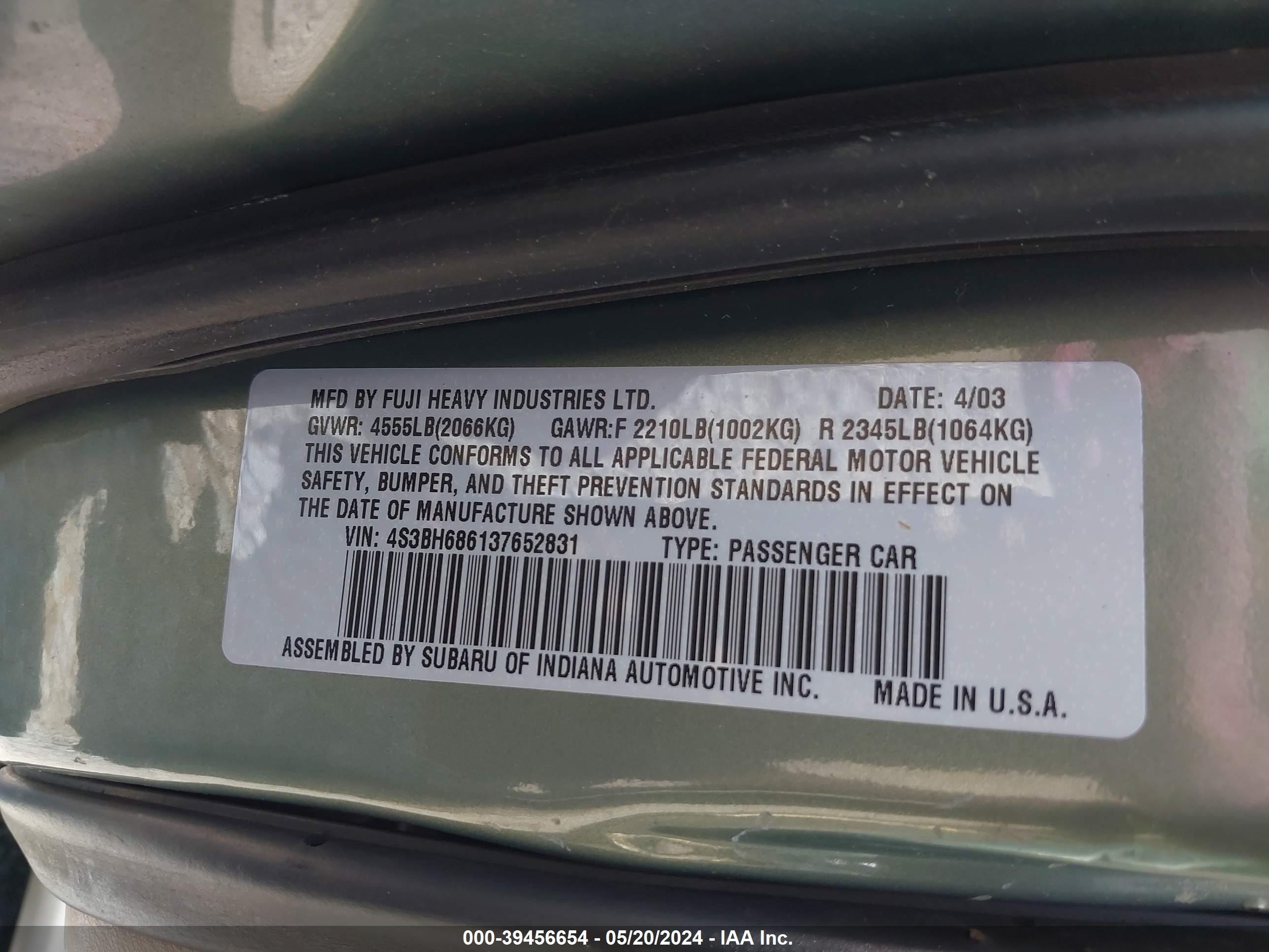 Photo 8 VIN: 4S3BH686137652831 - SUBARU OUTBACK 