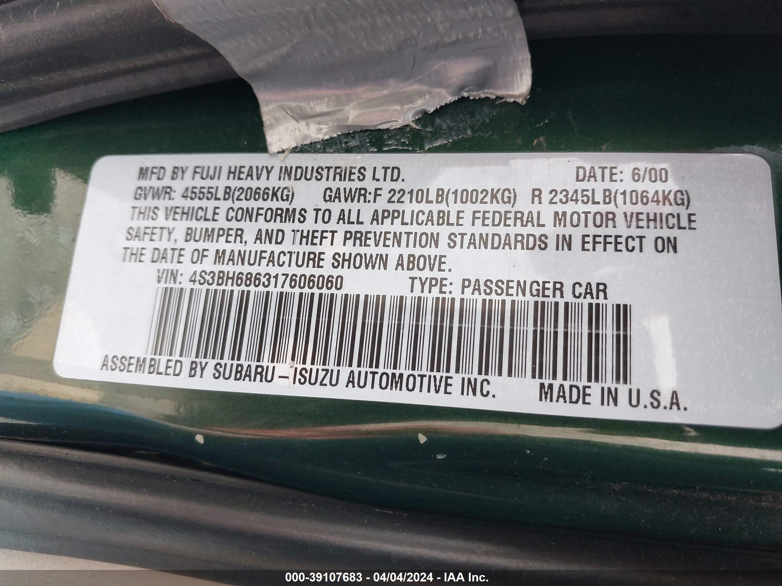 Photo 8 VIN: 4S3BH686317606060 - SUBARU OUTBACK 