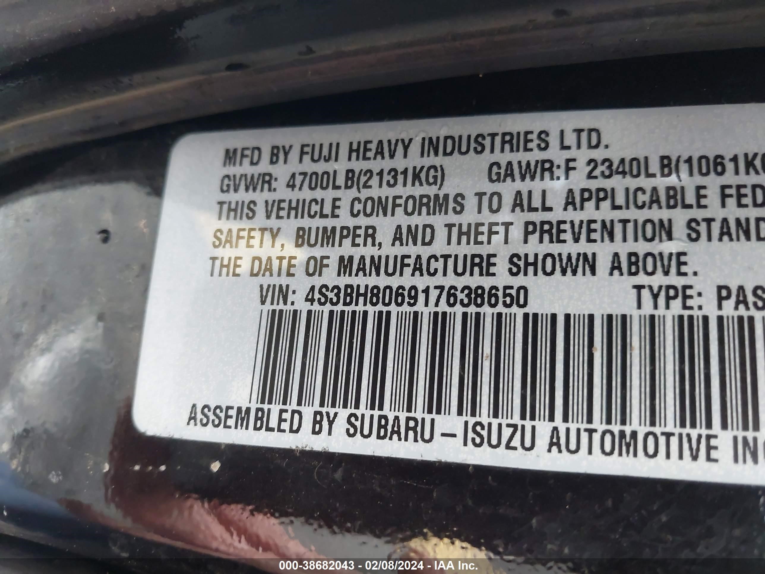 Photo 8 VIN: 4S3BH806917638650 - SUBARU LEGACY 