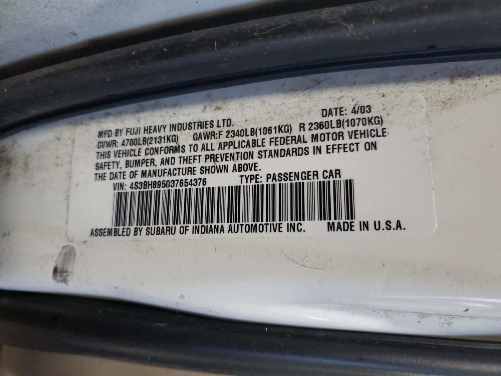 Photo 9 VIN: 4S3BH895037654376 - SUBARU LEGACY OUT 