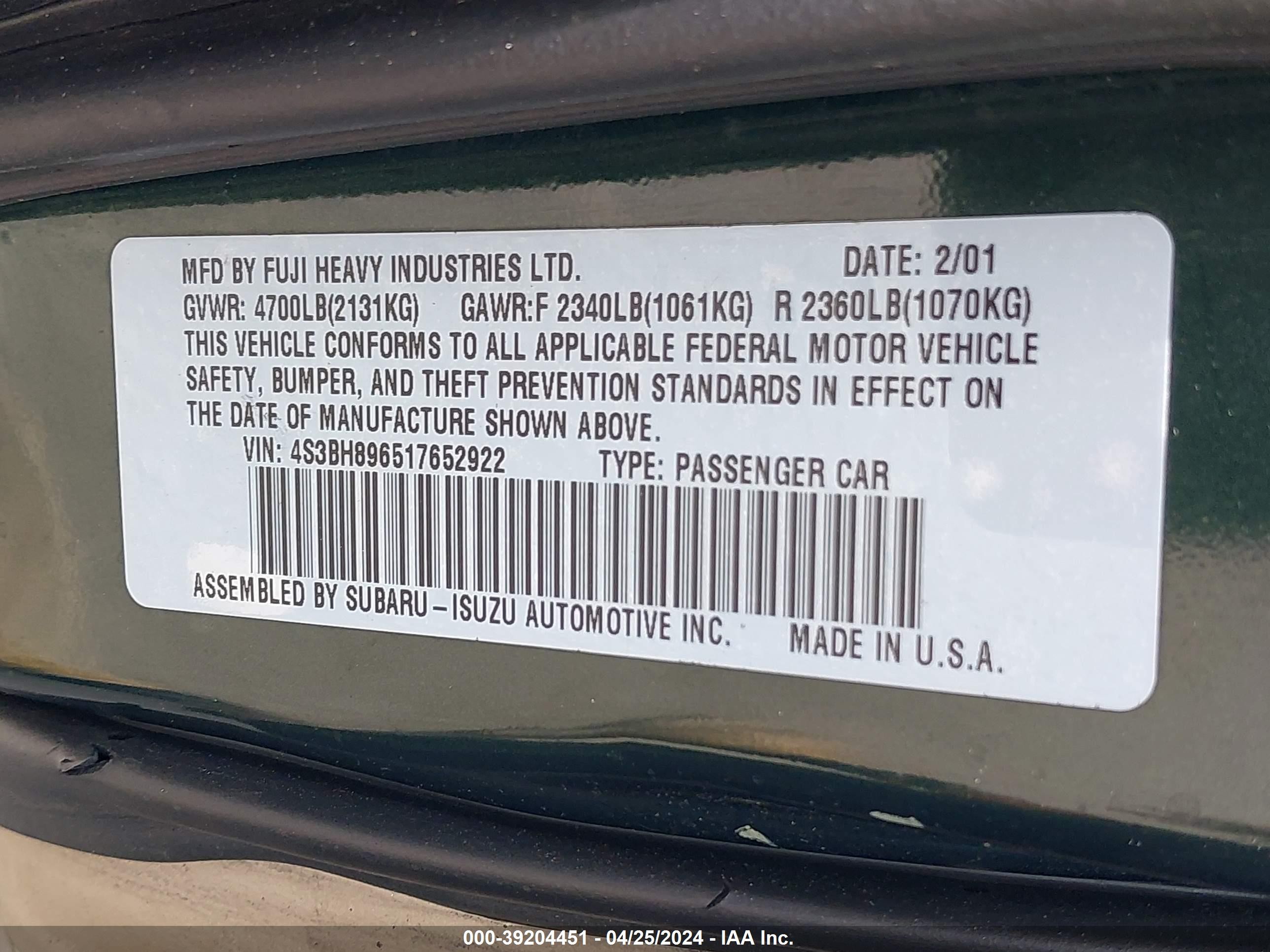 Photo 8 VIN: 4S3BH896517652922 - SUBARU OUTBACK 