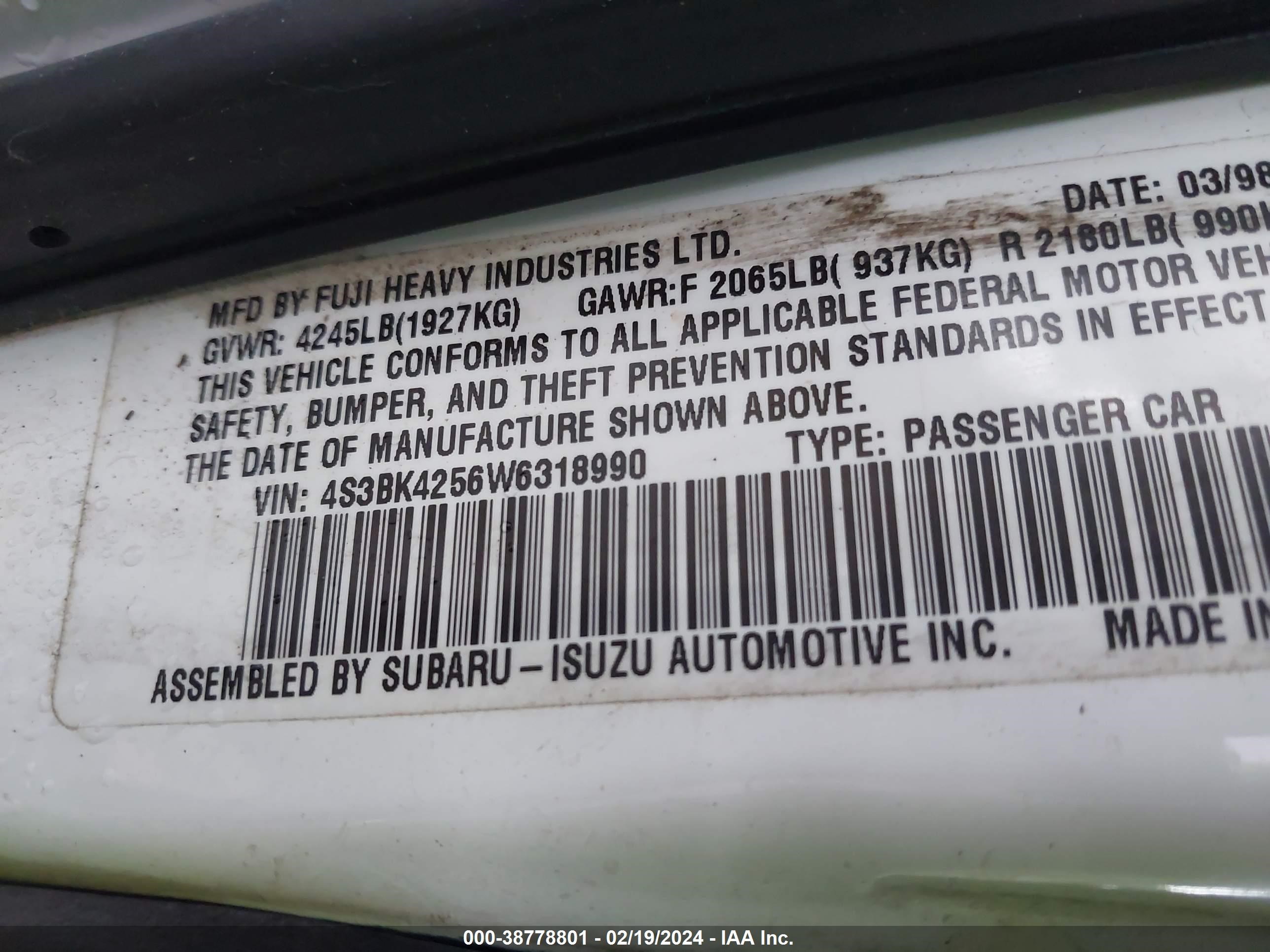 Photo 8 VIN: 4S3BK4256W6318990 - SUBARU LEGACY 