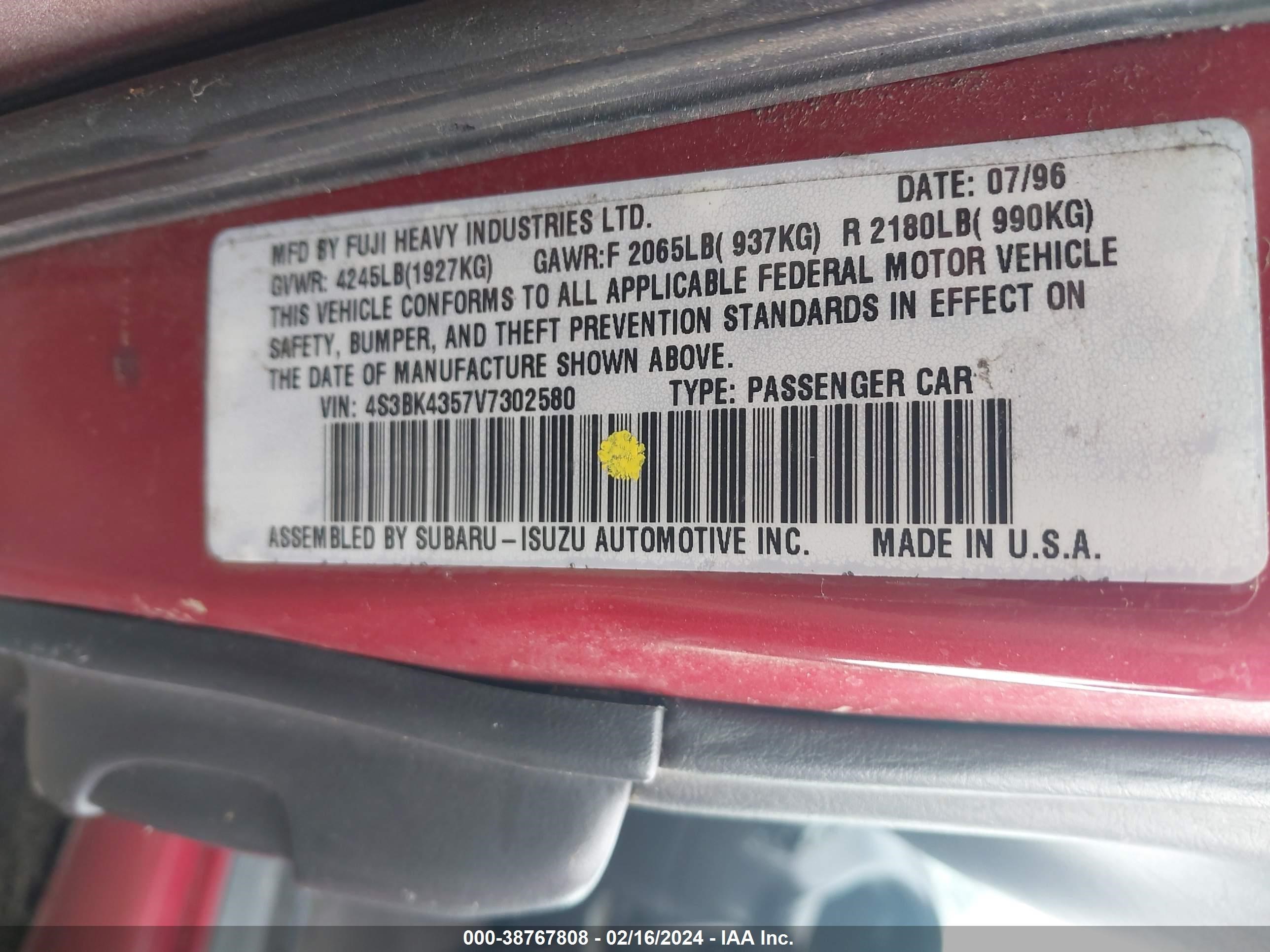 Photo 8 VIN: 4S3BK4357V7302580 - SUBARU LEGACY 