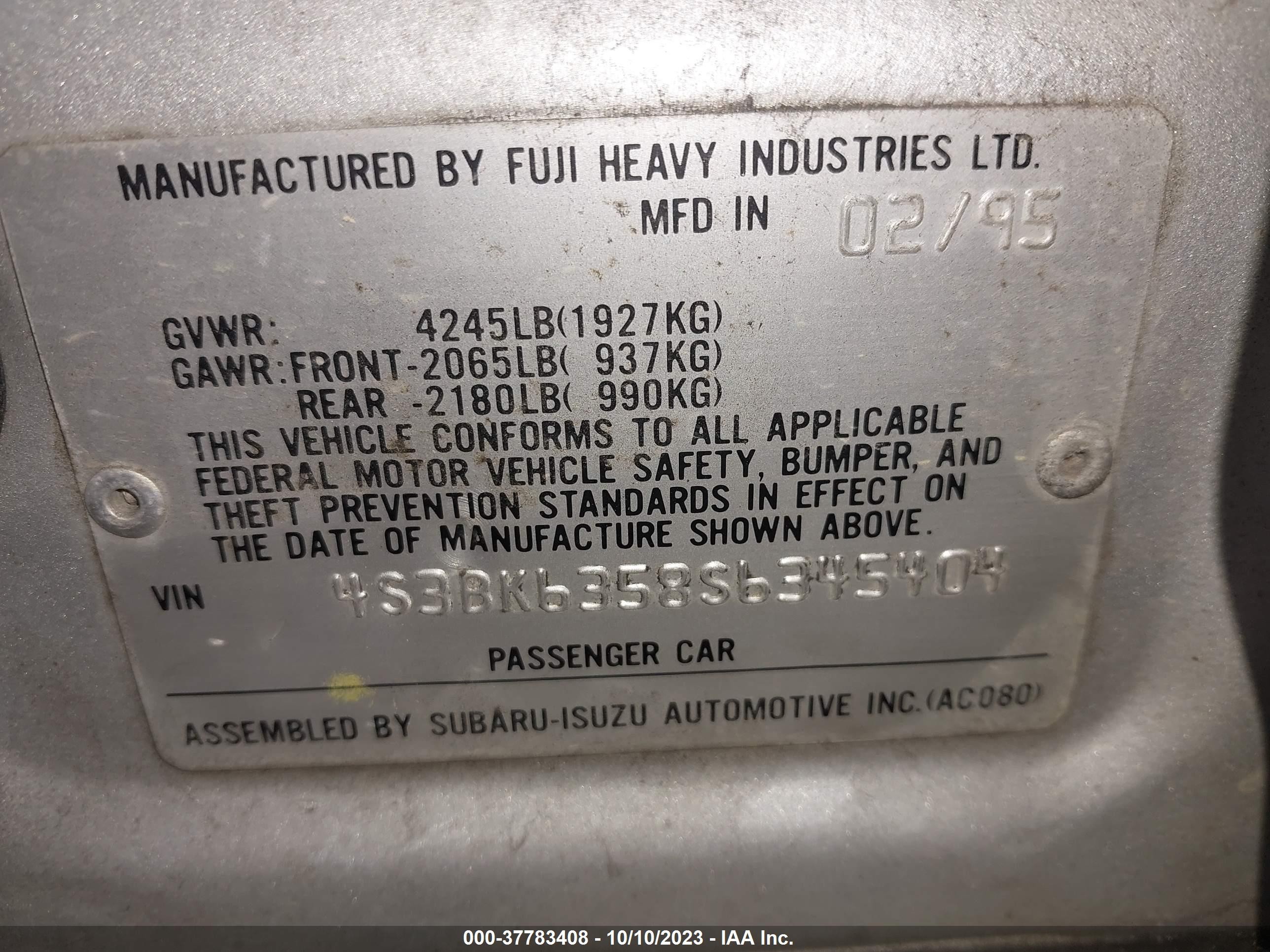 Photo 8 VIN: 4S3BK6358S6345404 - SUBARU LEGACY 