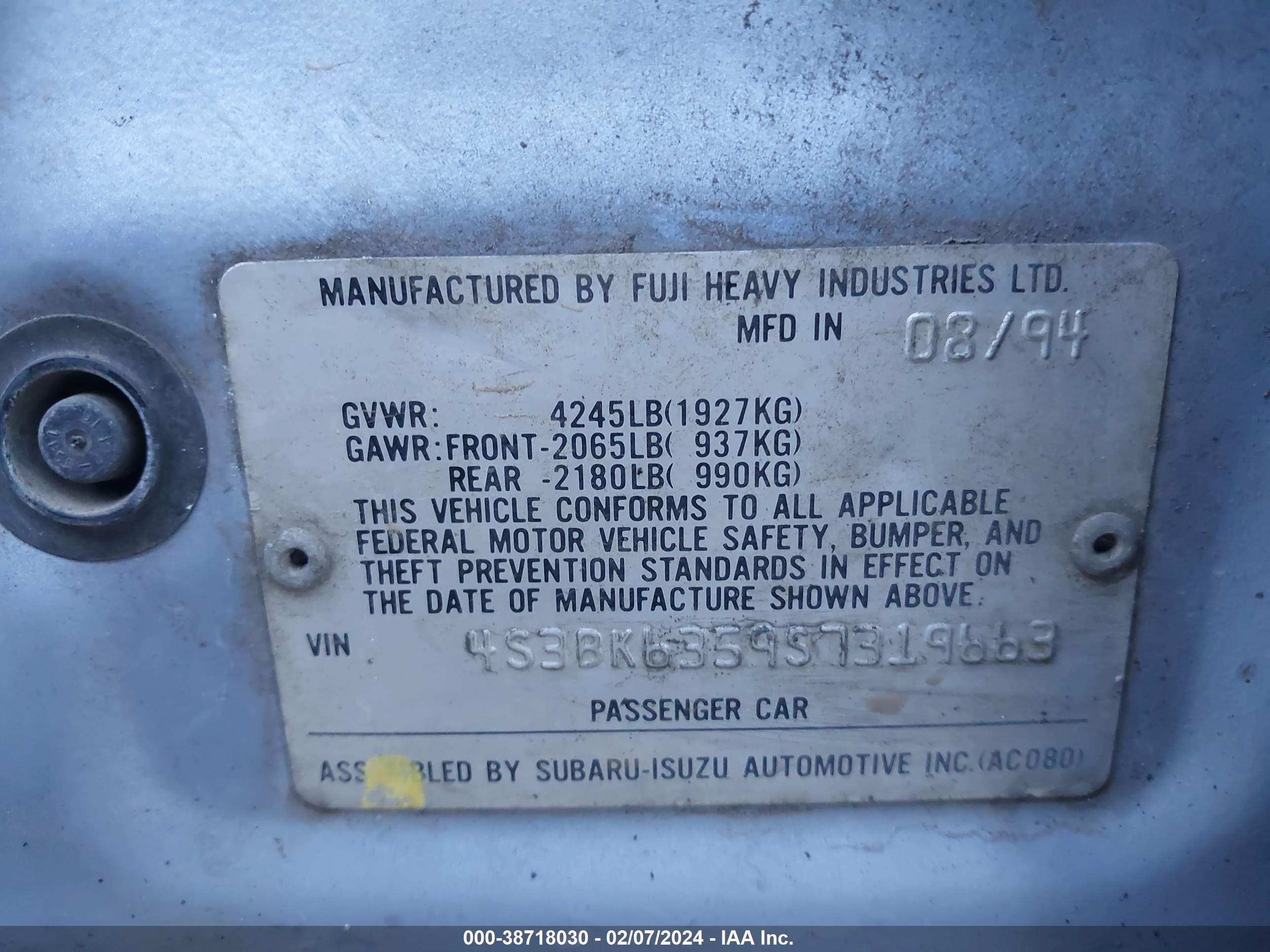 Photo 8 VIN: 4S3BK6359S7319663 - SUBARU LEGACY 