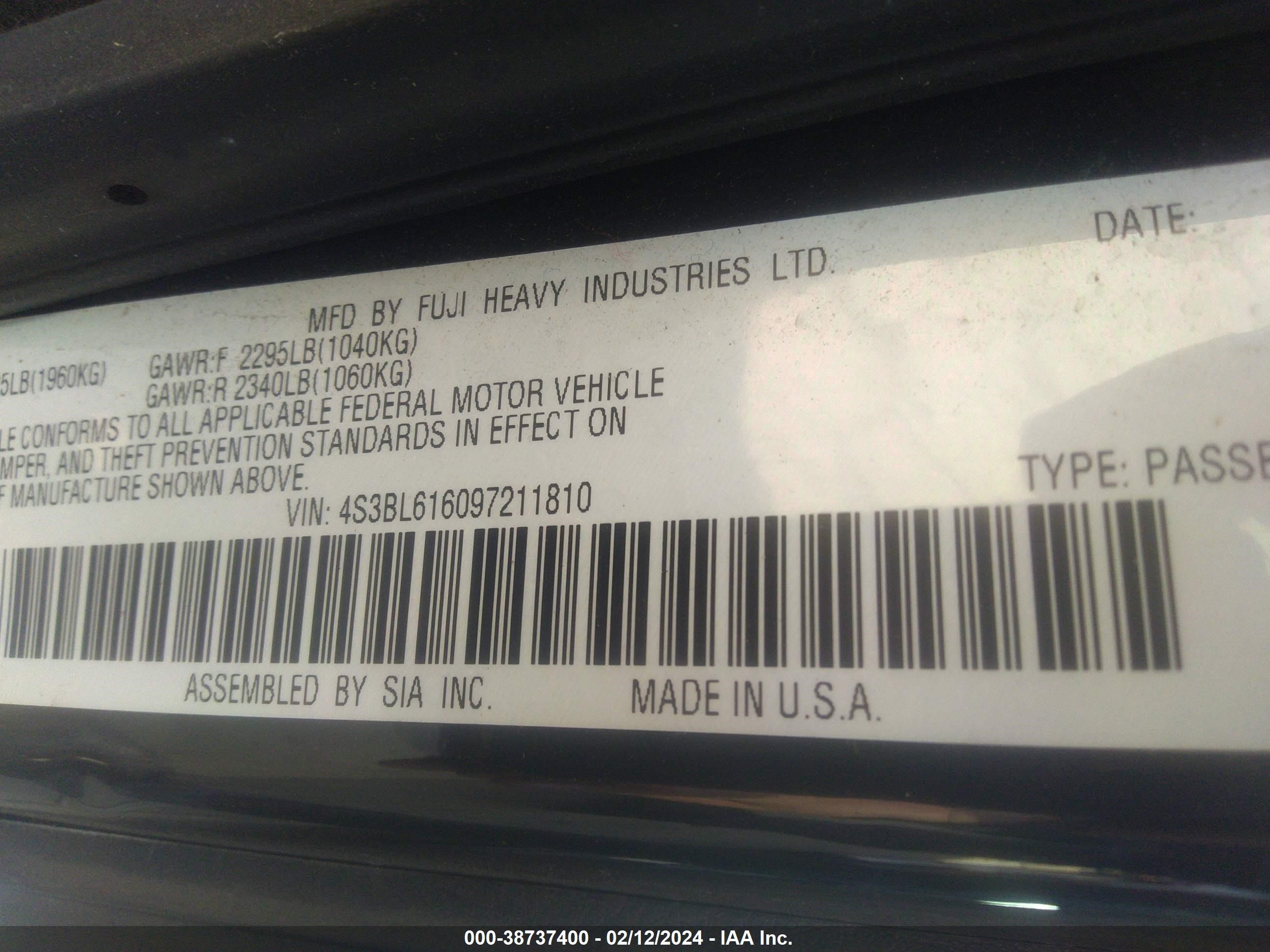 Photo 8 VIN: 4S3BL616097211810 - SUBARU LEGACY 