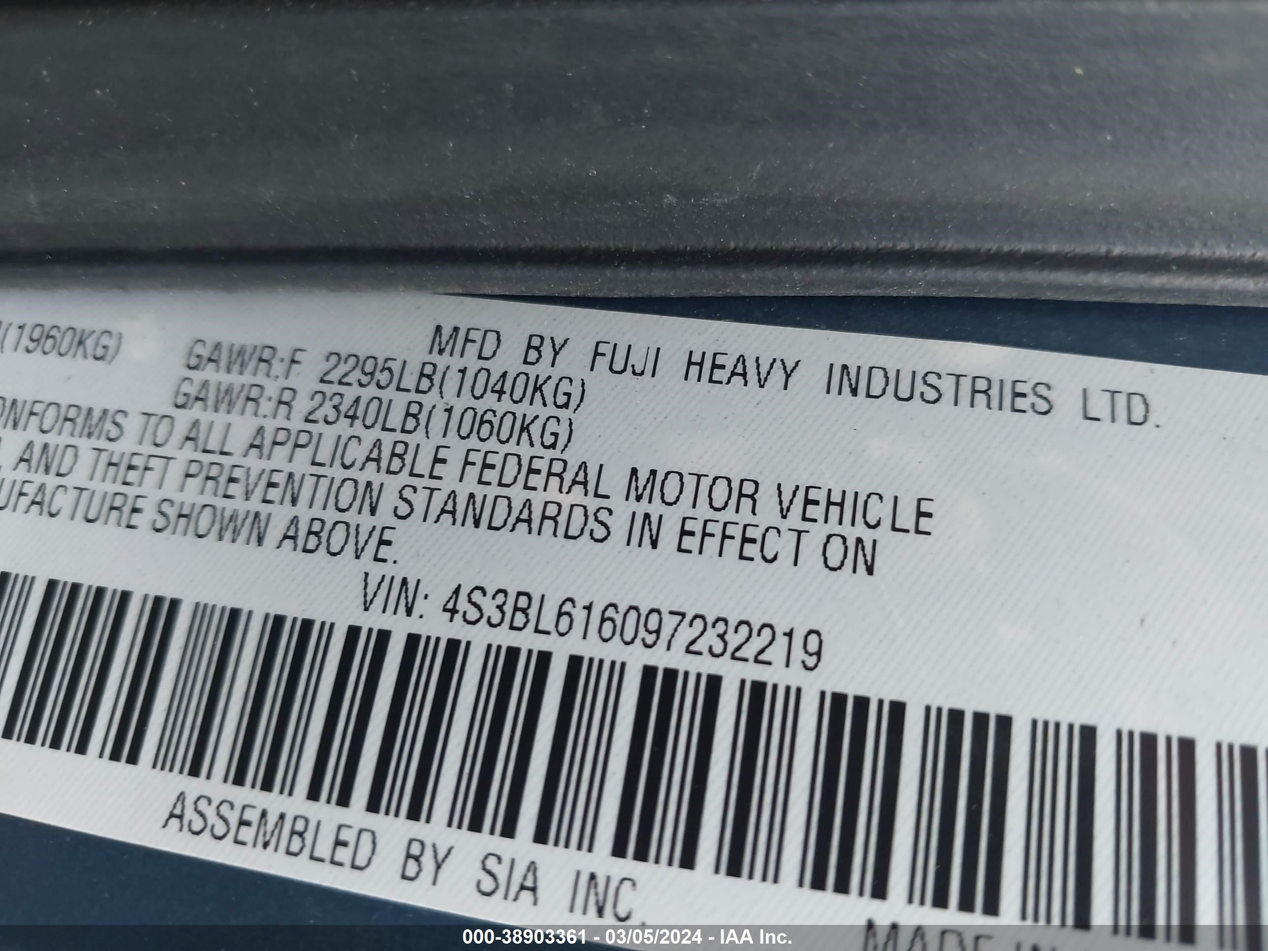 Photo 8 VIN: 4S3BL616097232219 - SUBARU LEGACY 