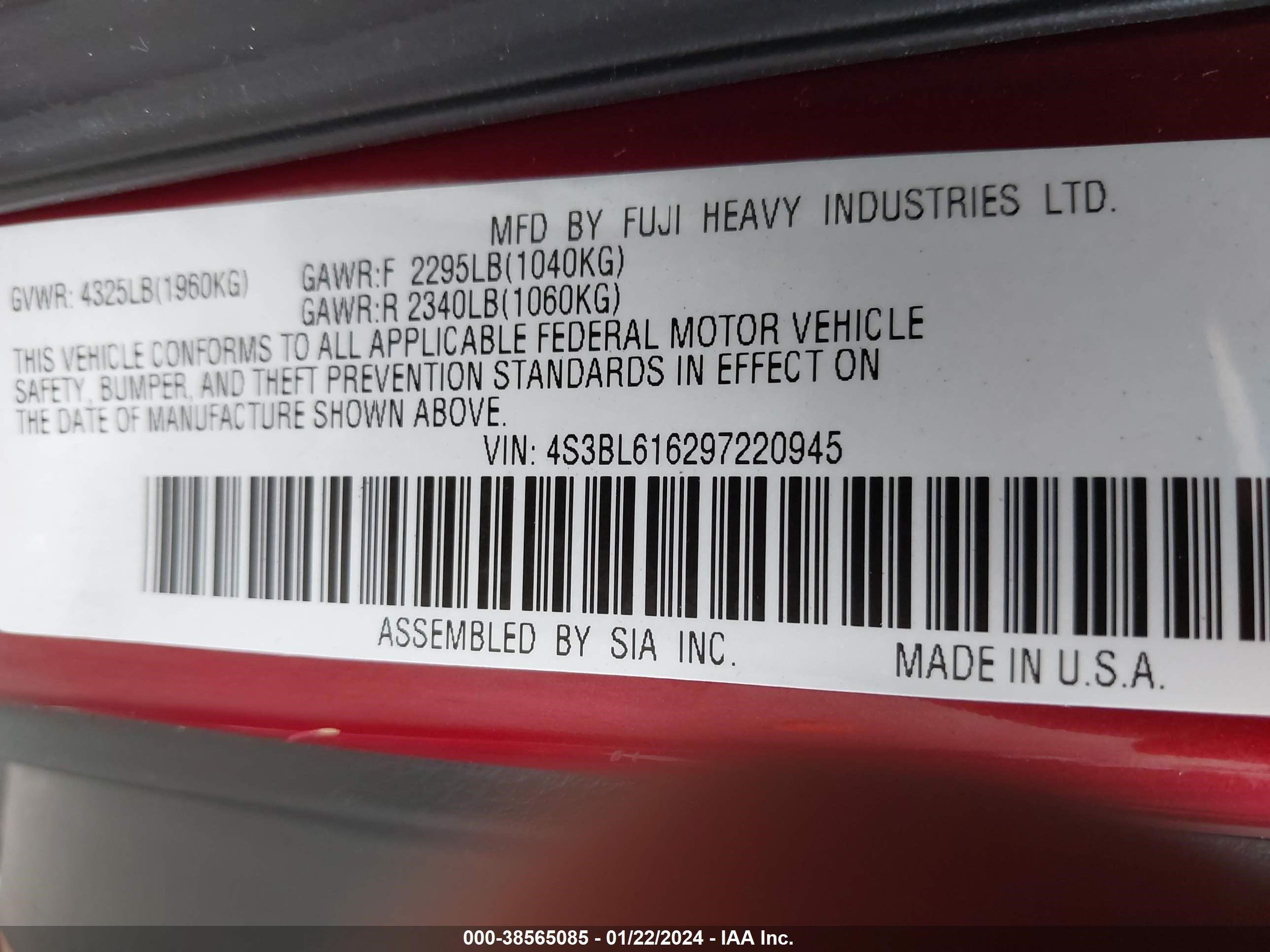 Photo 8 VIN: 4S3BL616297220945 - SUBARU LEGACY 