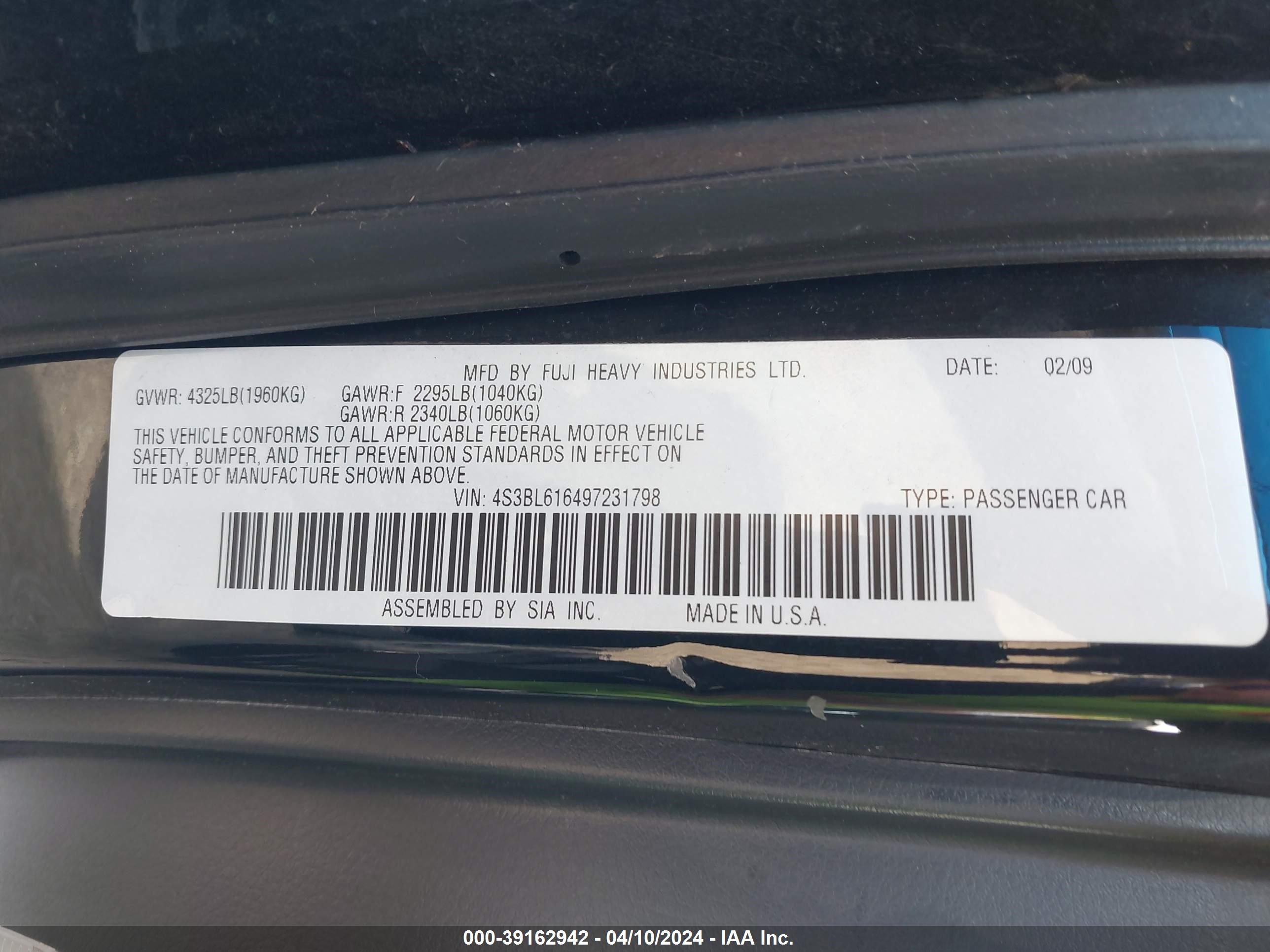 Photo 8 VIN: 4S3BL616497231798 - SUBARU LEGACY 