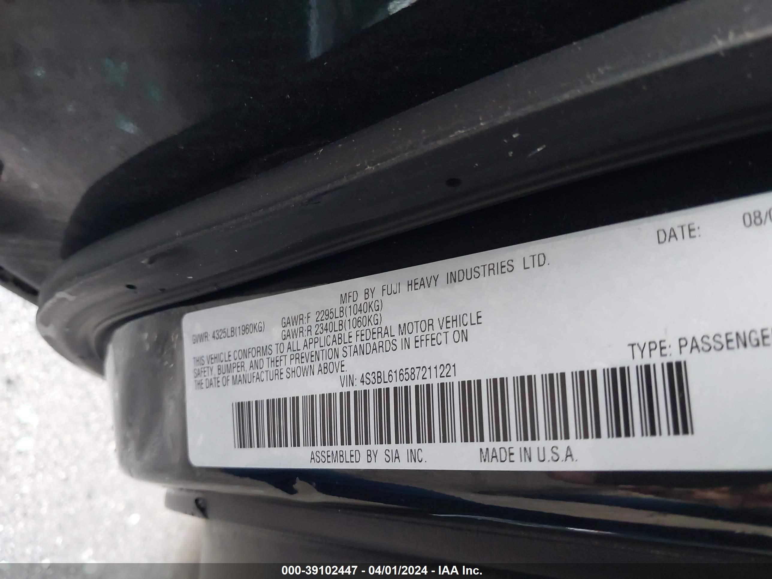 Photo 8 VIN: 4S3BL616587211221 - SUBARU LEGACY 