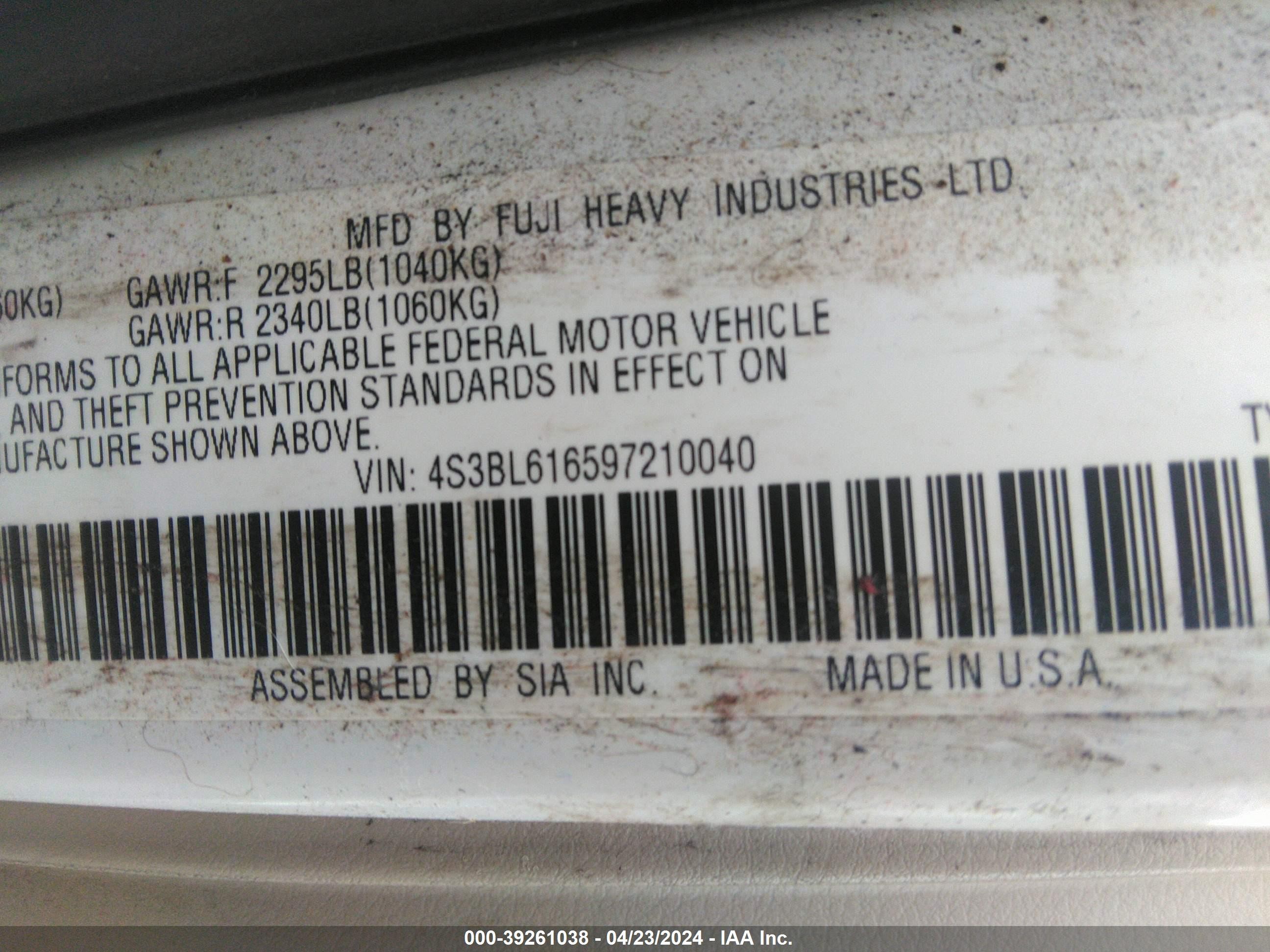 Photo 8 VIN: 4S3BL616597210040 - SUBARU LEGACY 