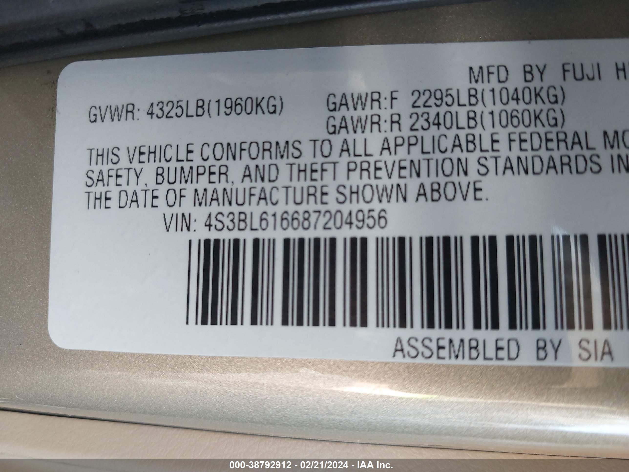 Photo 8 VIN: 4S3BL616687204956 - SUBARU LEGACY 