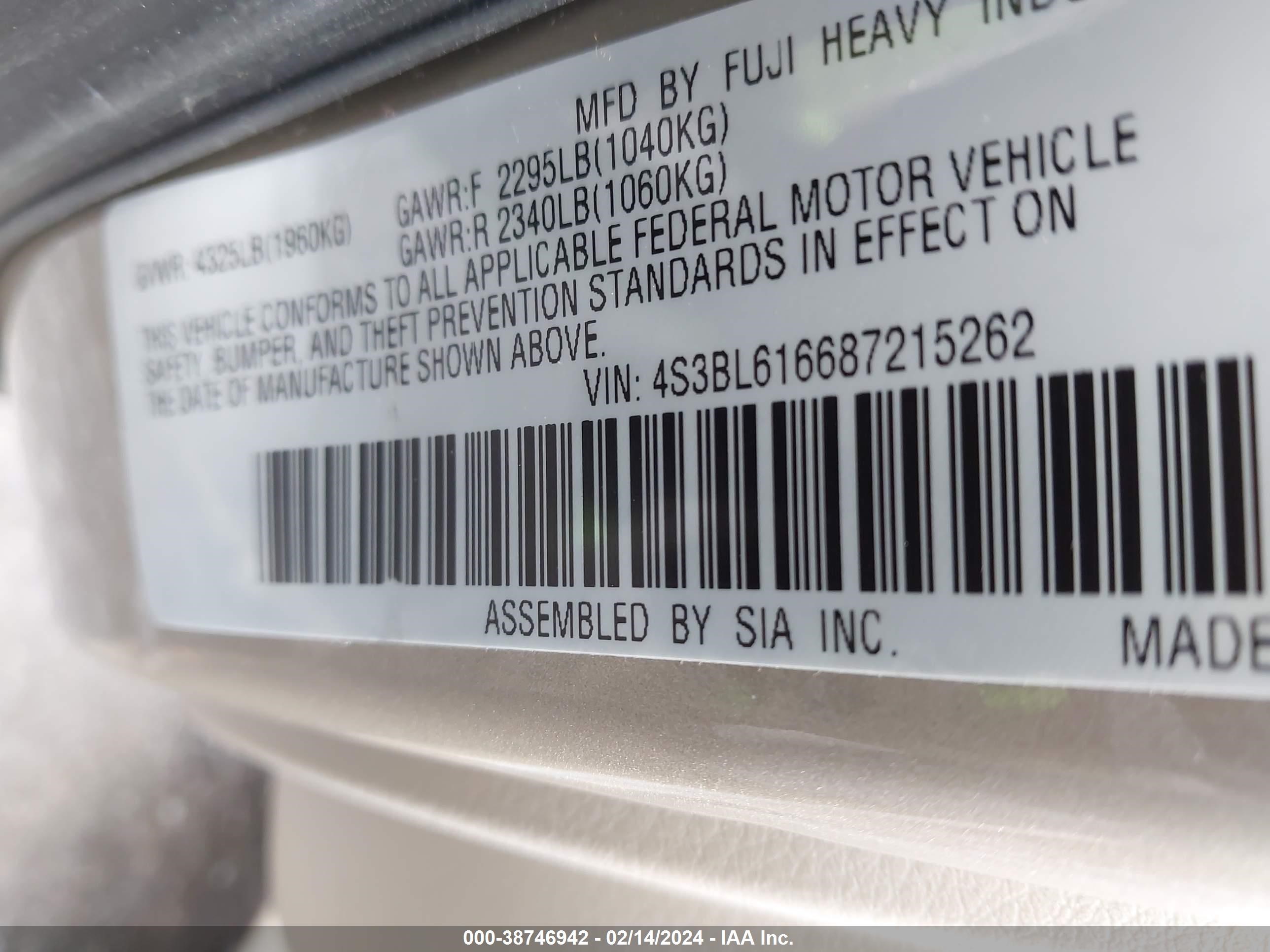 Photo 8 VIN: 4S3BL616687215262 - SUBARU LEGACY 