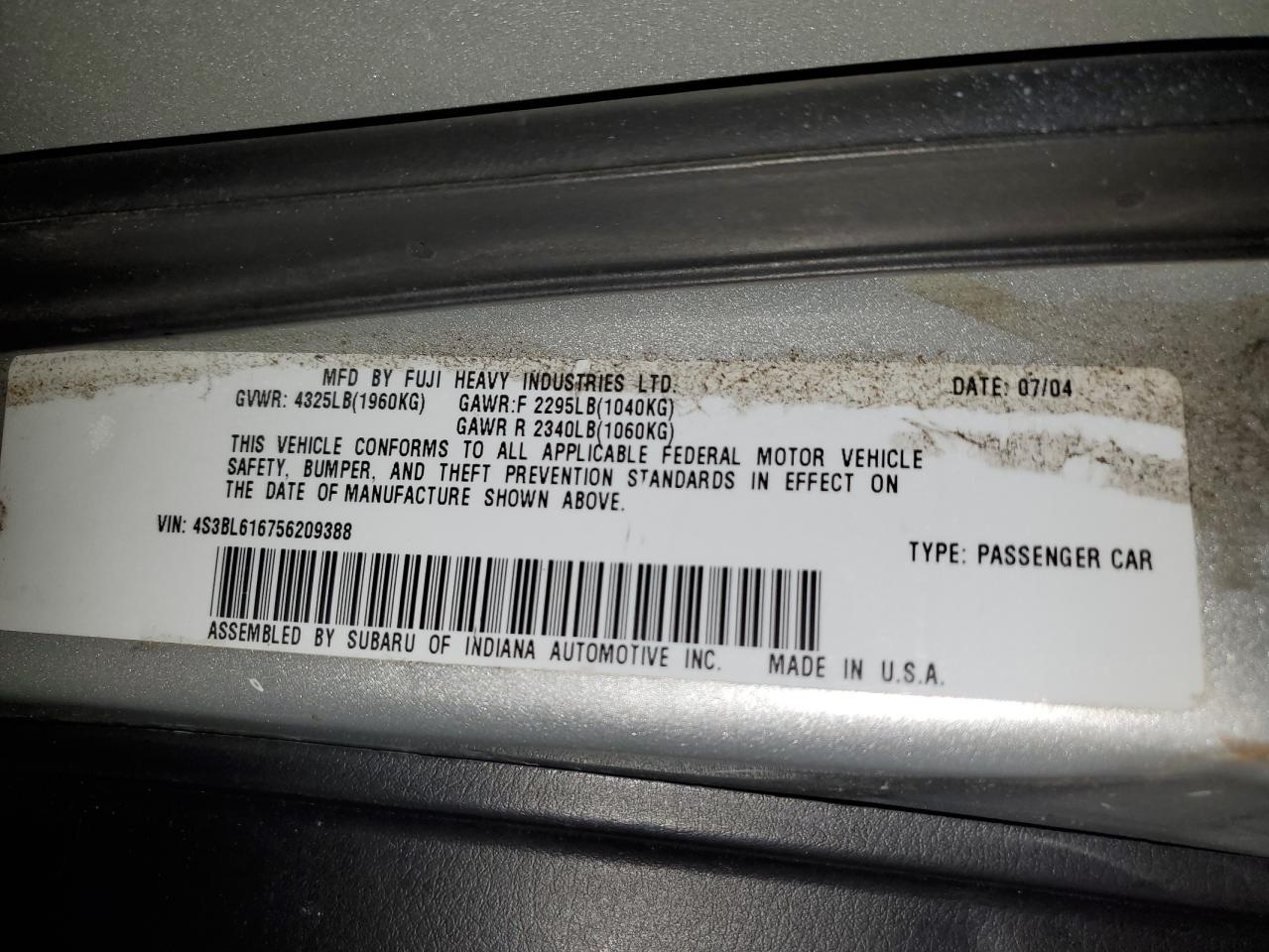 Photo 11 VIN: 4S3BL616756209388 - SUBARU LEGACY 