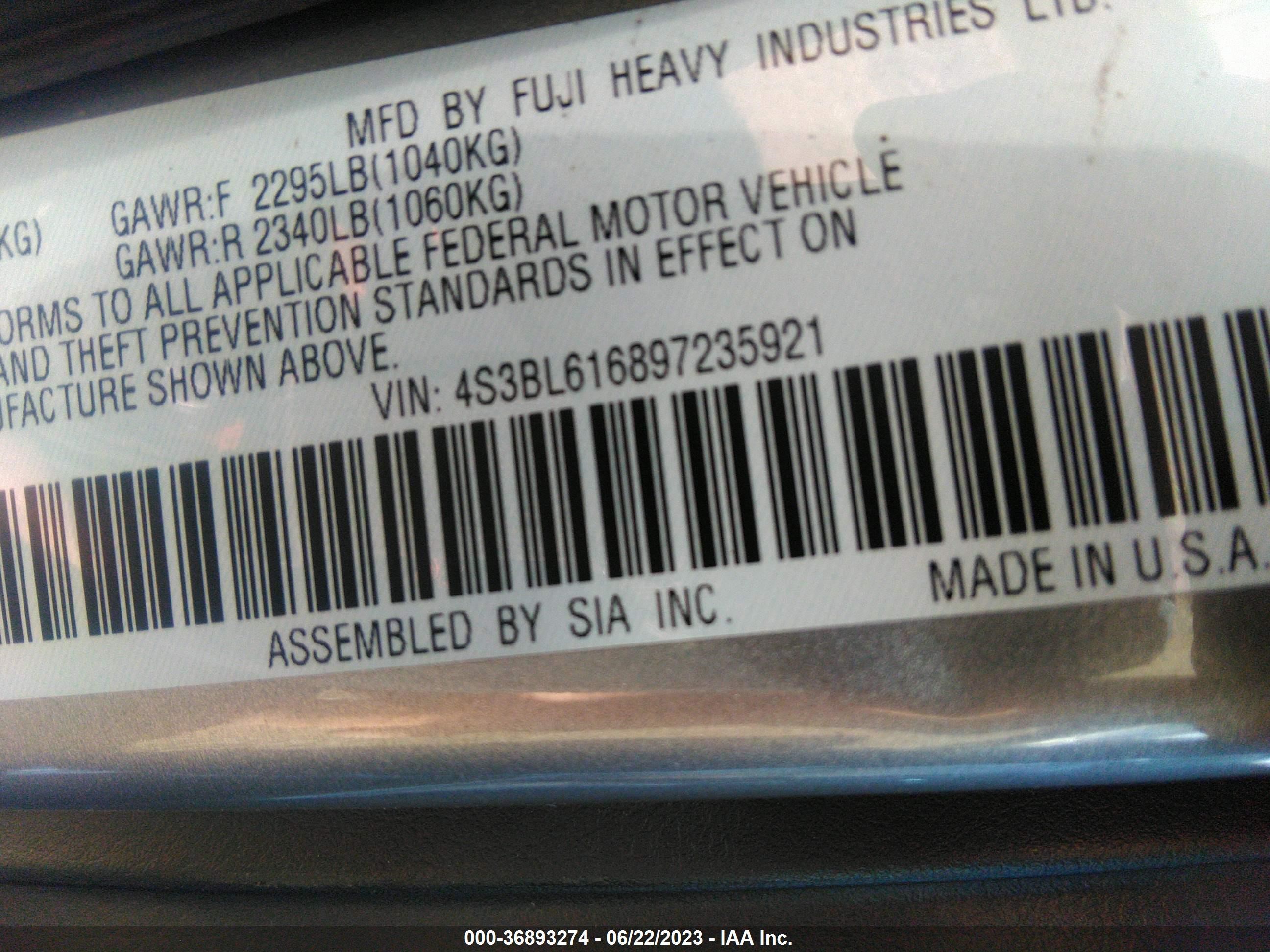 Photo 8 VIN: 4S3BL616897235921 - SUBARU LEGACY 